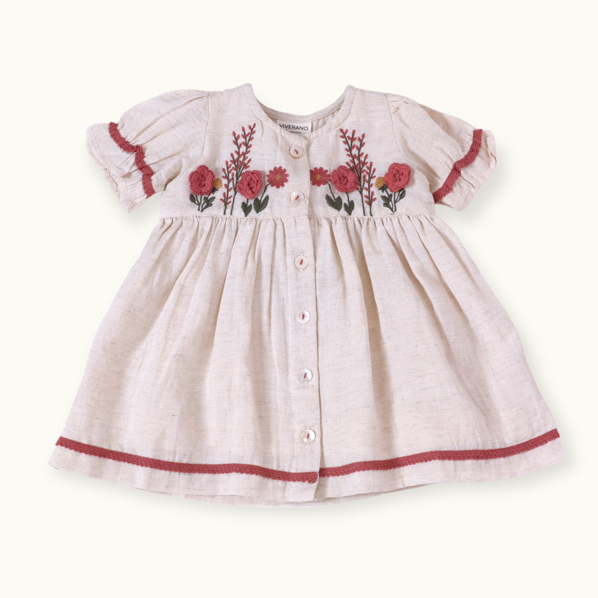 Victoria Embroidered Floral Baby Dress + Bloomer (Linen Blend)