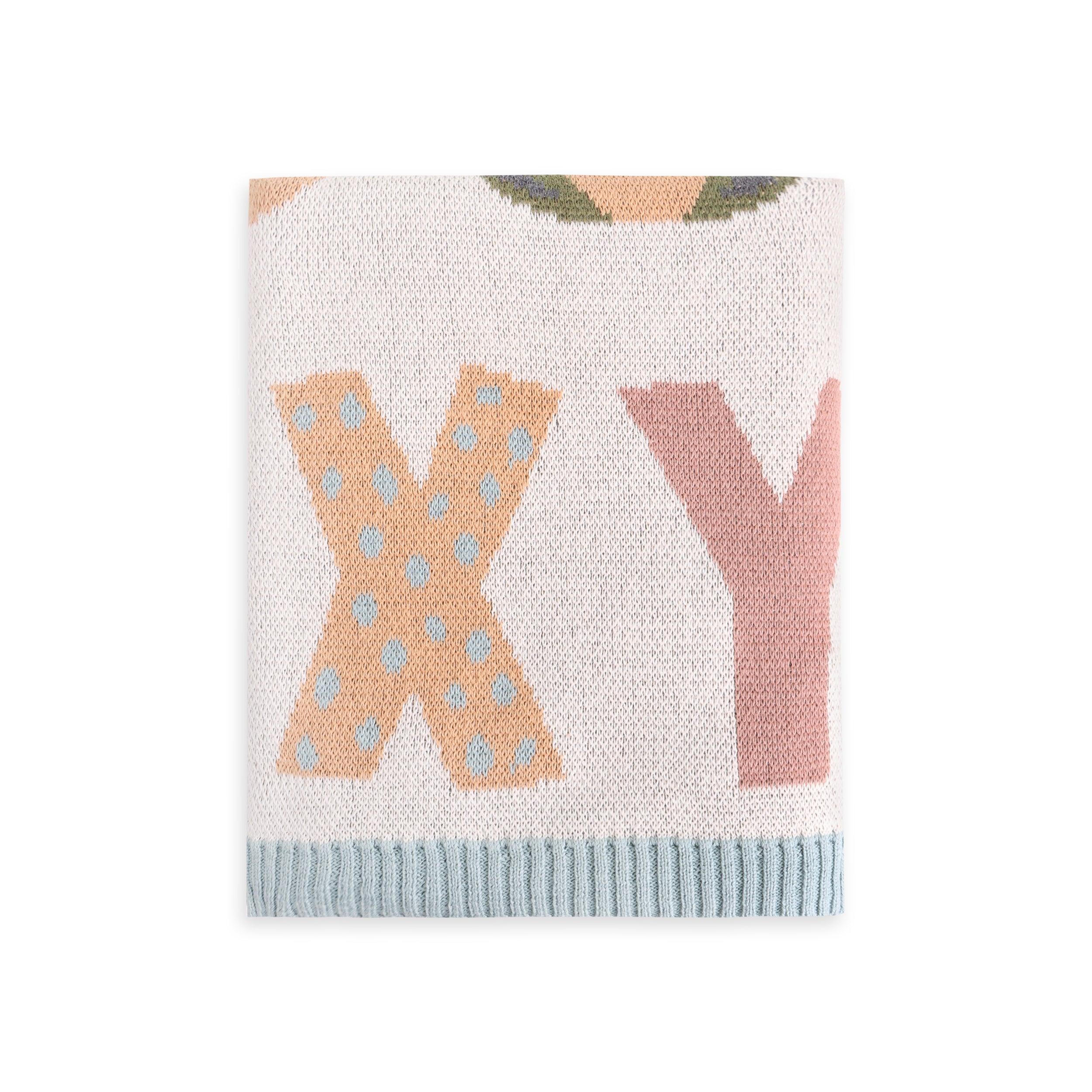 Alphabet Blue- Organic Cotton Jacquard Sweater Knit Baby Blankets