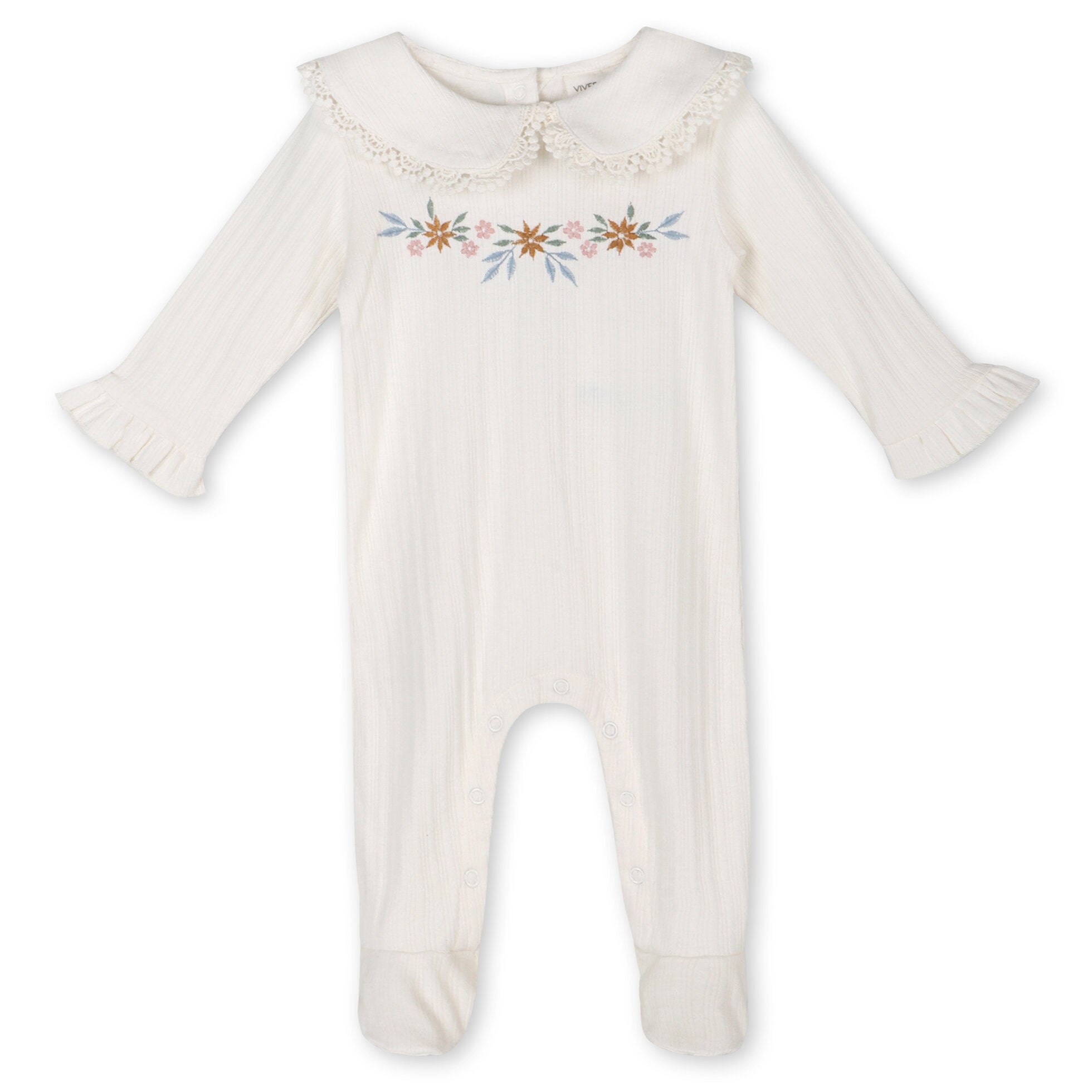 Floral Embroidered Pointelle & Ruffle Baby Footie Jumpsuit (Organic Jersey)