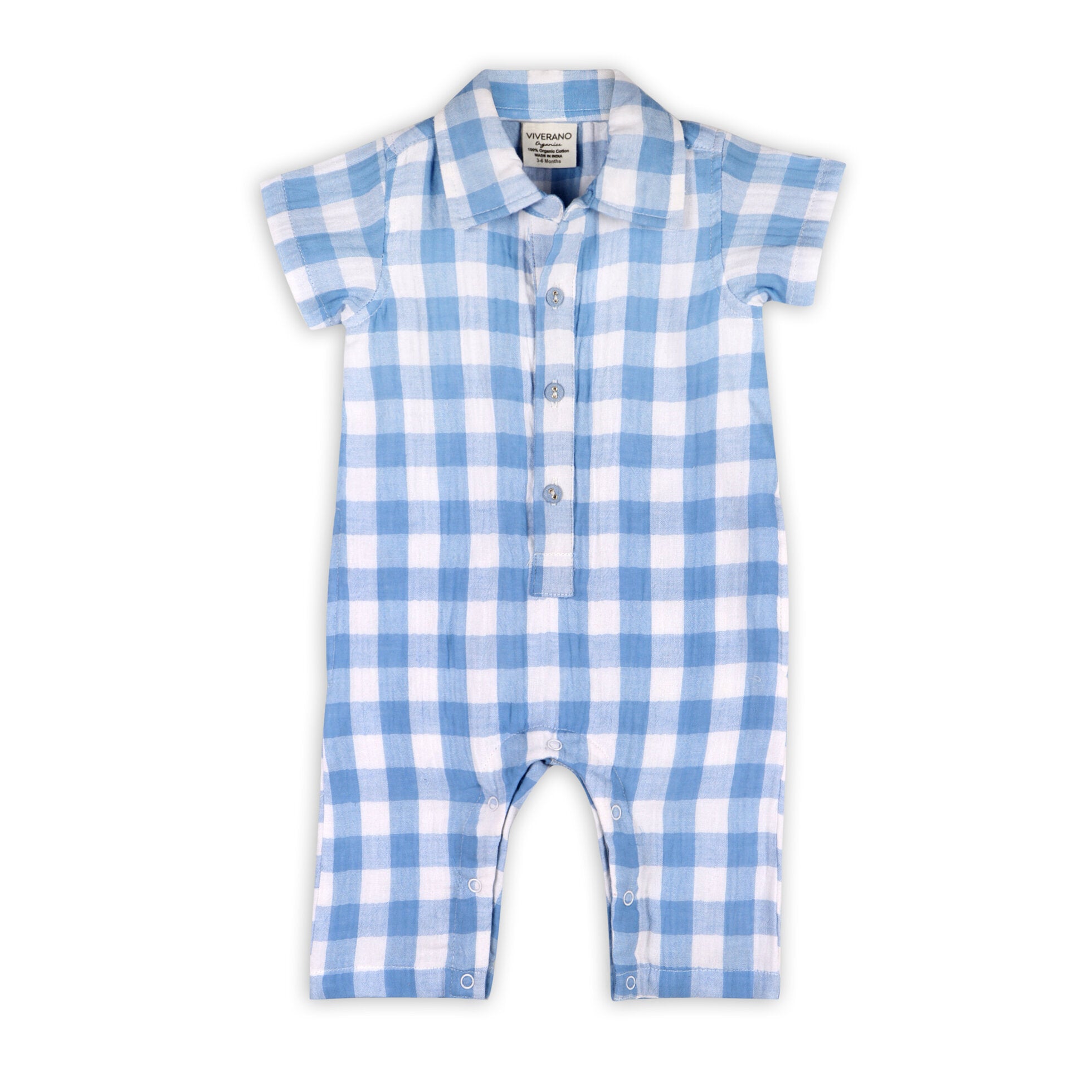 August Blue Gingham Cargo Romper (Organic Cotton)