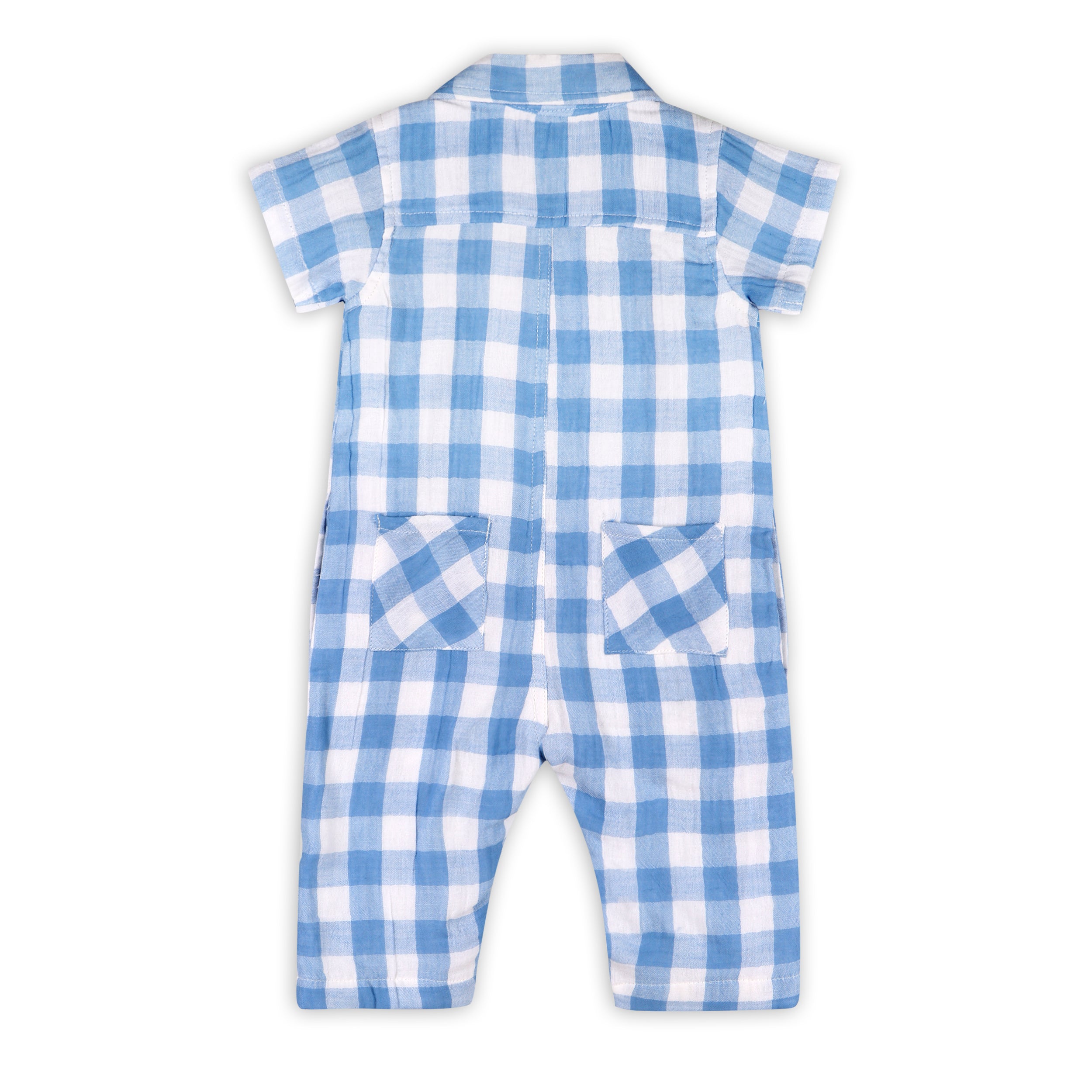 August Blue Gingham Cargo Romper (Organic Cotton)