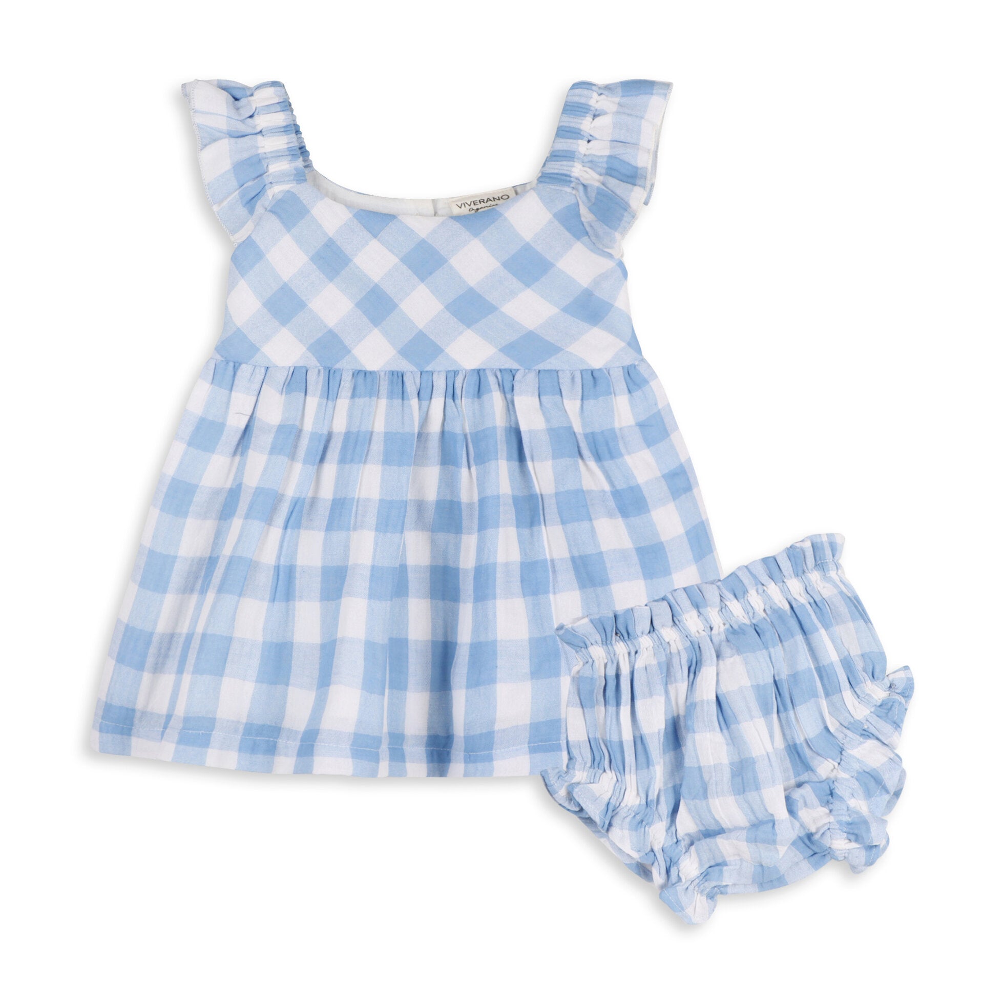 Audrey Arctic Blue Gingham Baby Dress + Bloomer (Organic Cotton)