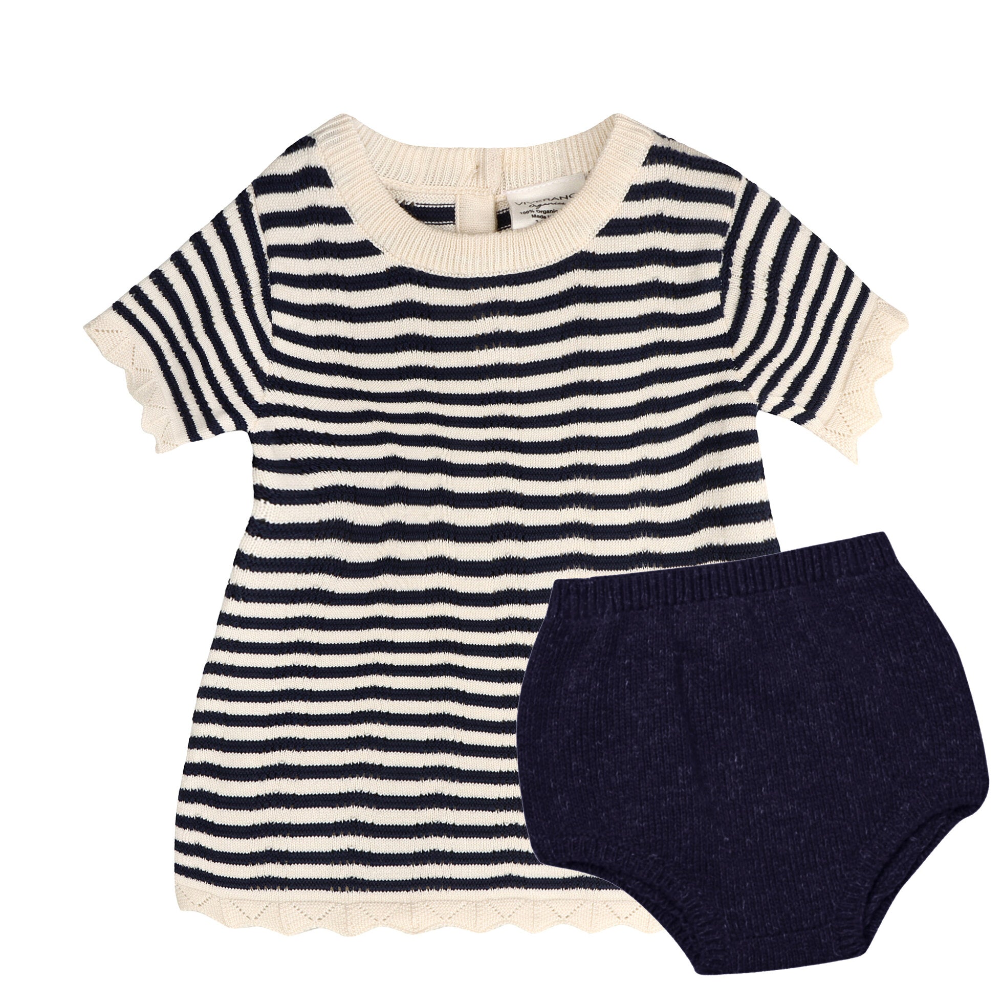 Pointelle & Navy Stripe Knit Tunic Dress & Bloomer Set (Organic Cotton)