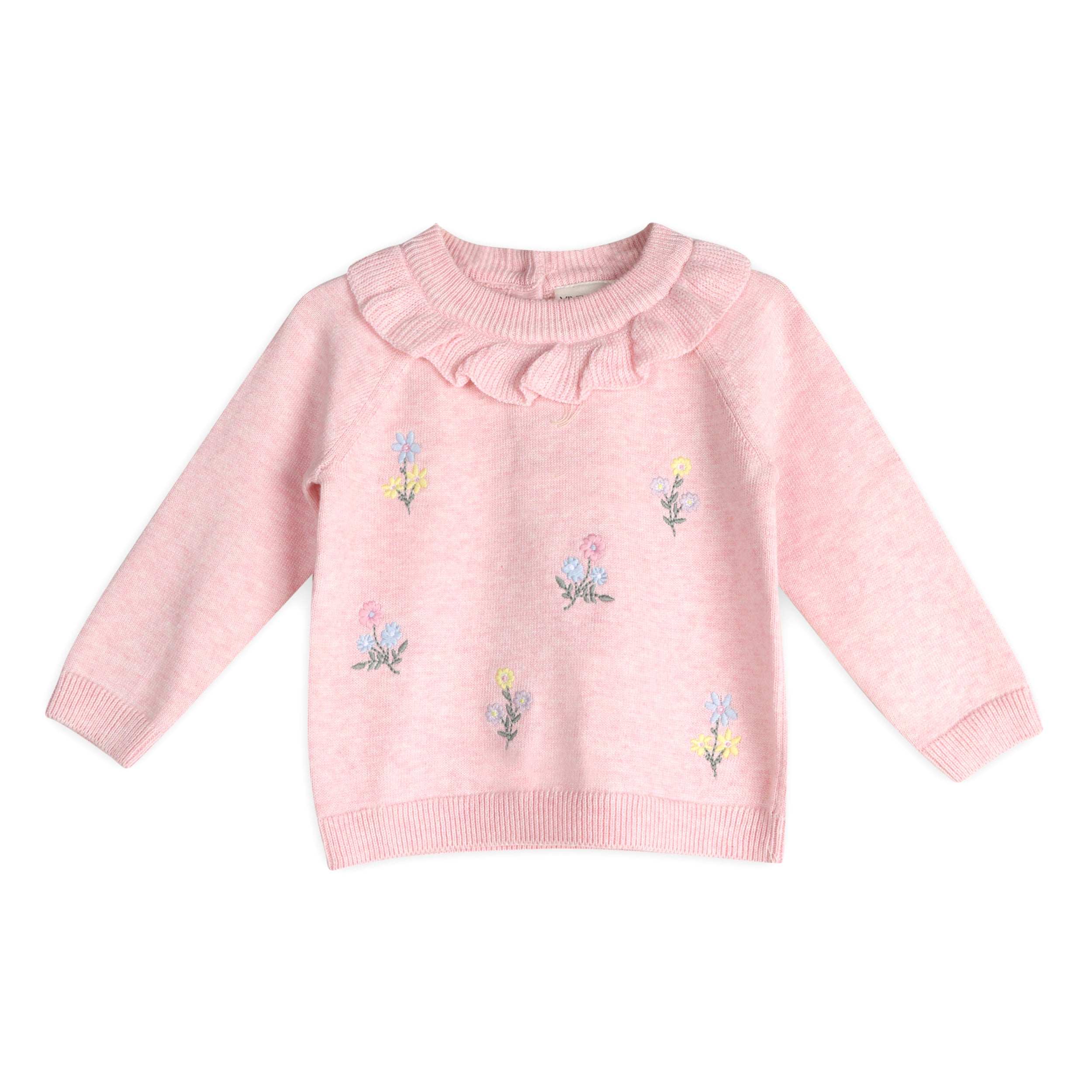 Ruffle Collar & Floral Embroidered Baby Knit Pullover & Pants Set (Organic Cotton)