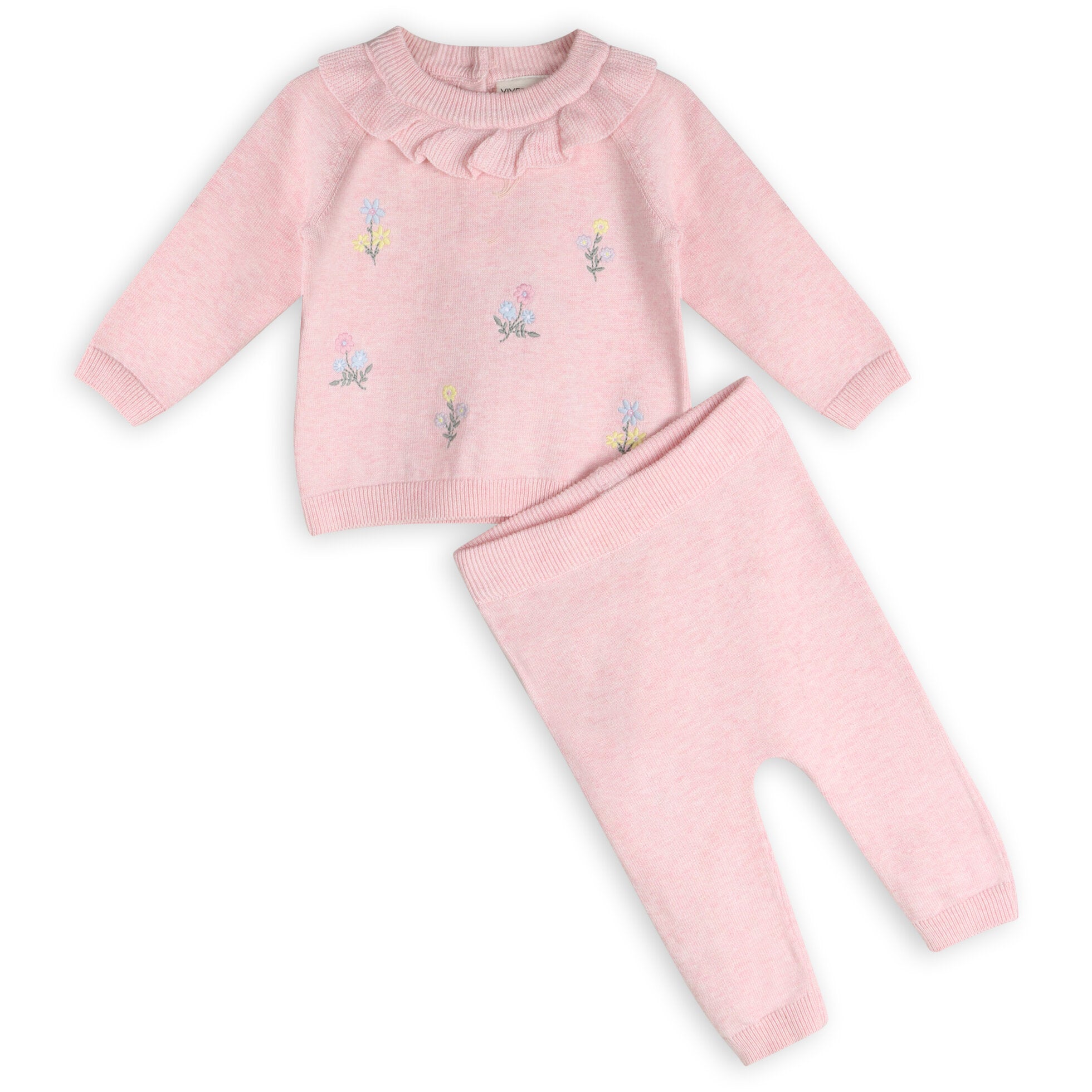 Ruffle Collar & Floral Embroidered Baby Knit Pullover & Pants Set (Organic Cotton)