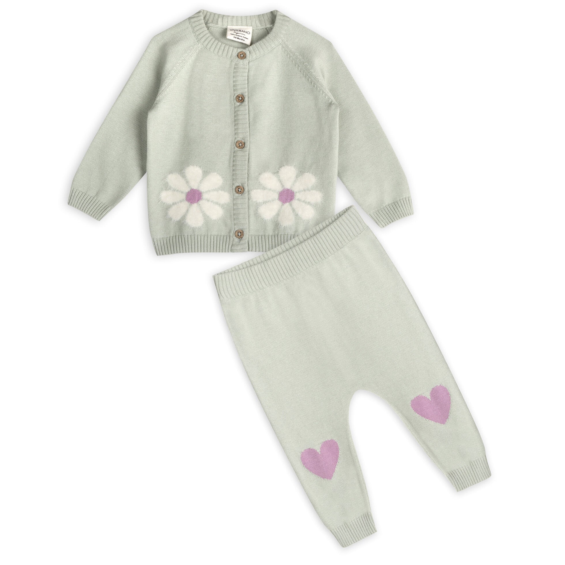 Fuzzy Flower & Heart Baby Sweater Knit Cardigan & Pants Set (Organic Cotton)