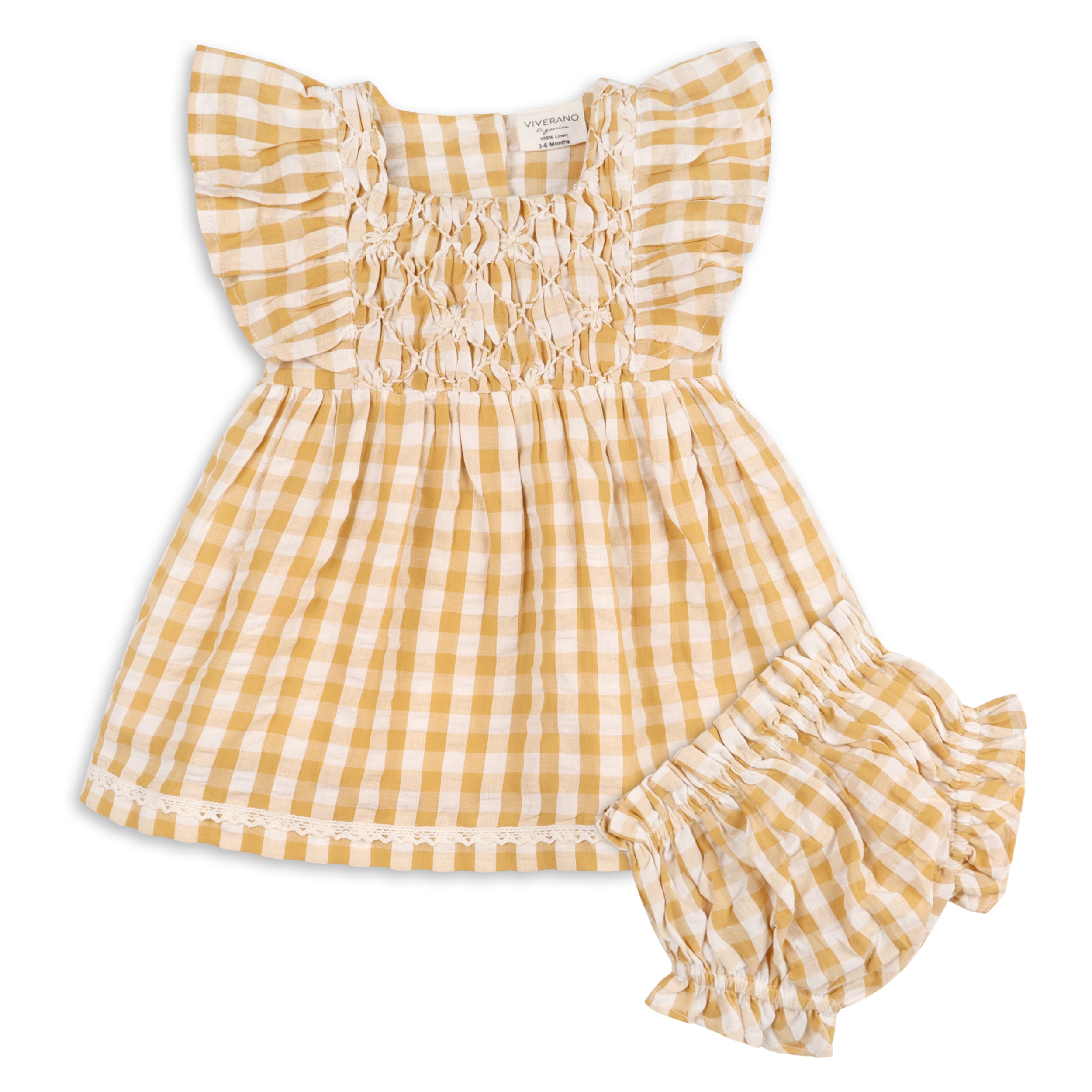 Alina Hand-smocked Seersucker Gingham Baby Dress + Bloomer (Organic Cotton)