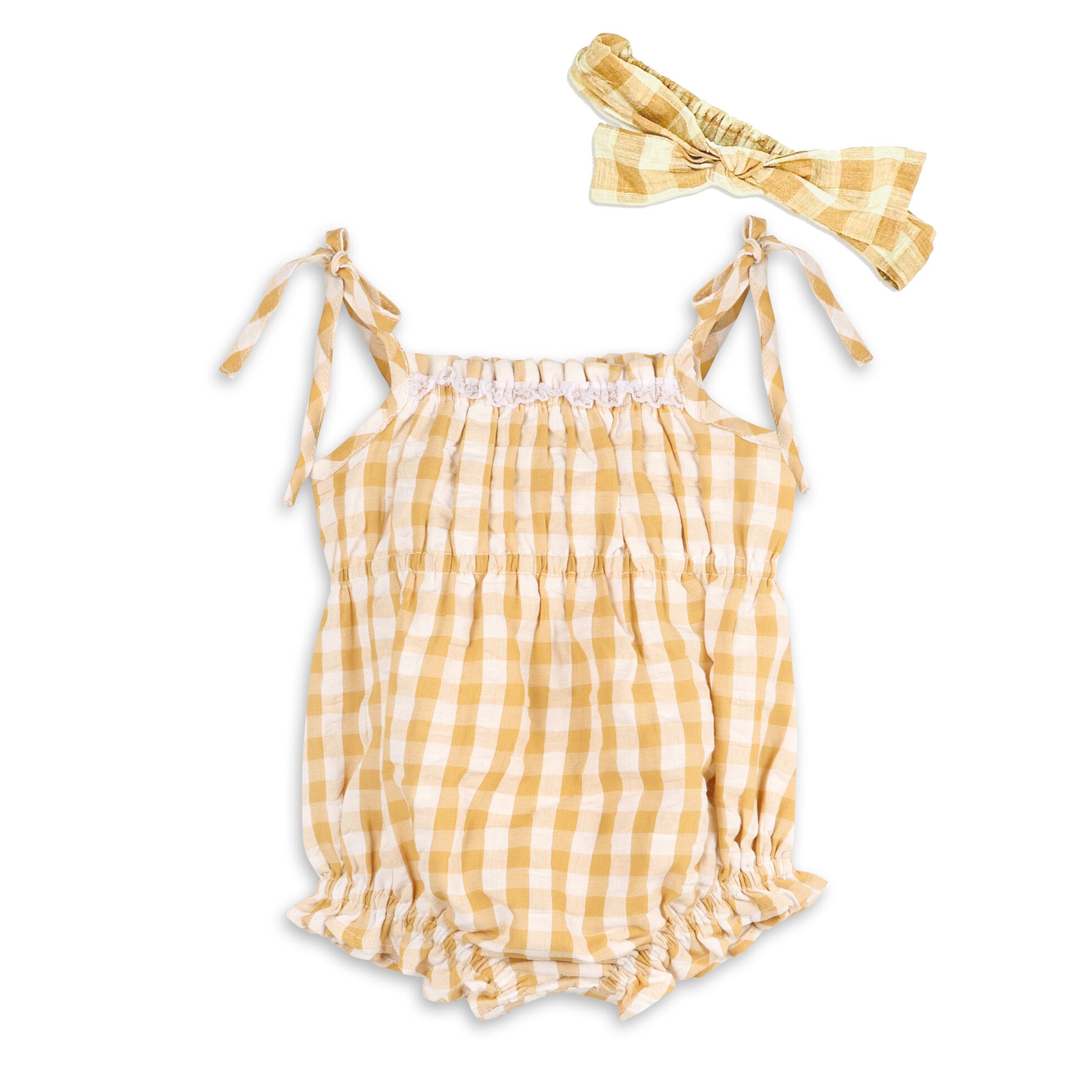 Lola Seersucker Gingham Baby Romper + Headband (Organic Cotton)