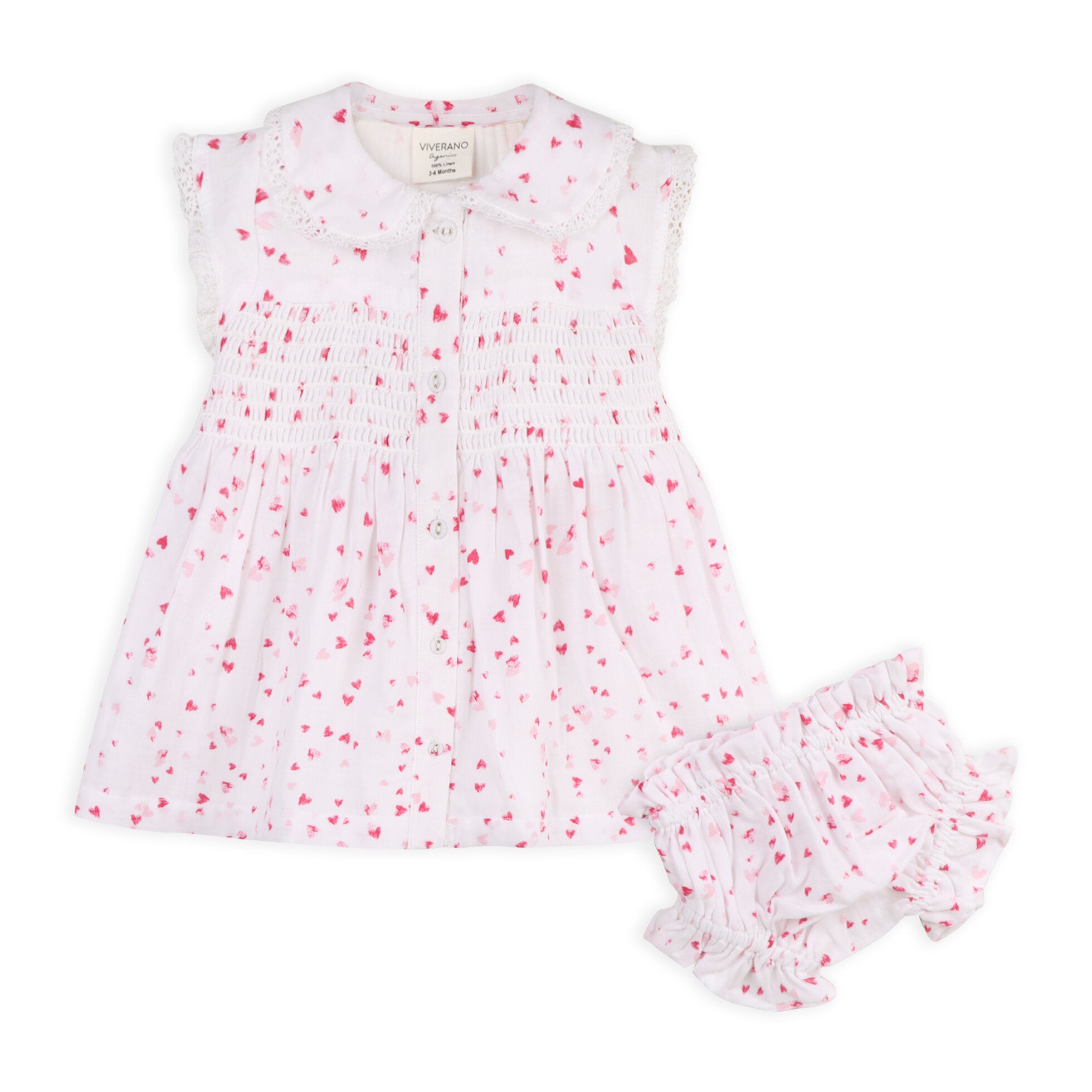 Nora Fluttering Hearts Smocked Baby Dress + Bloomer (Organic Muslin)