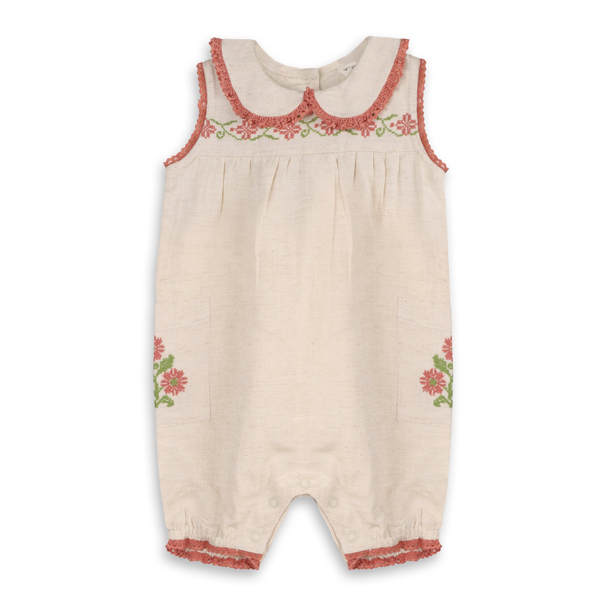 Poppy Floral Embroidered Sleeveless Baby Romper (Natural Linen Blend)