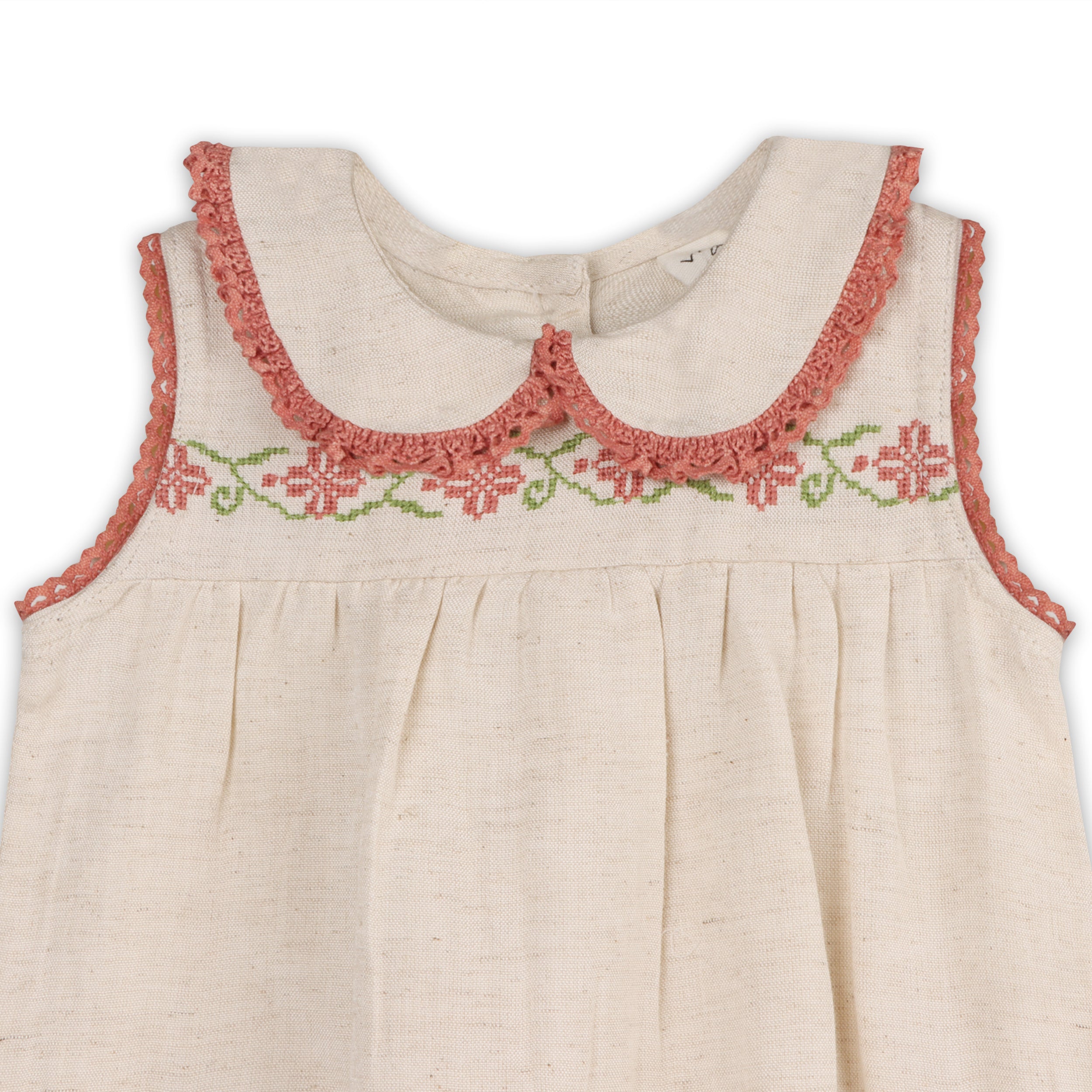 Poppy Floral Embroidered Sleeveless Baby Romper (Natural Linen Blend)