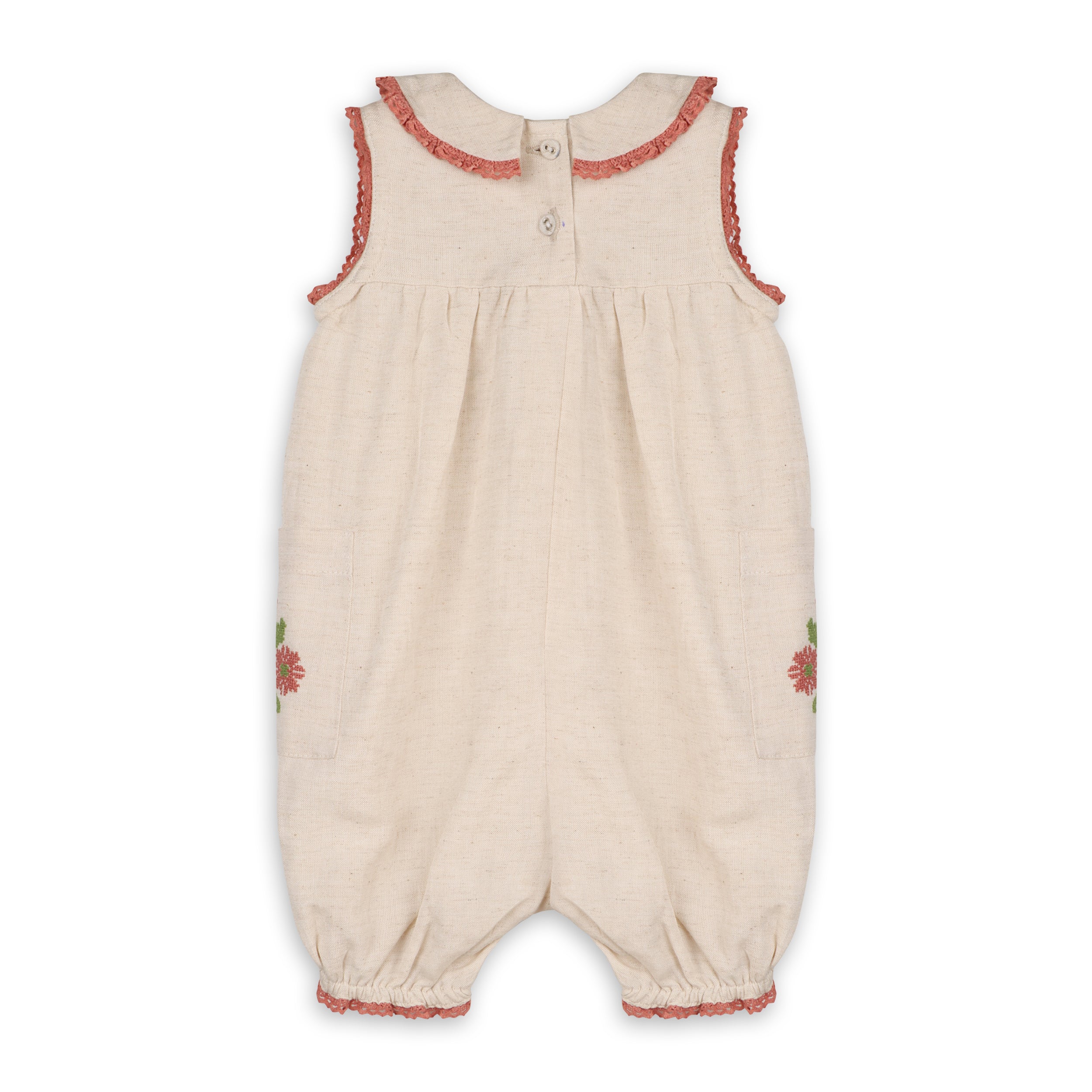 Poppy Floral Embroidered Sleeveless Baby Romper (Natural Linen Blend)