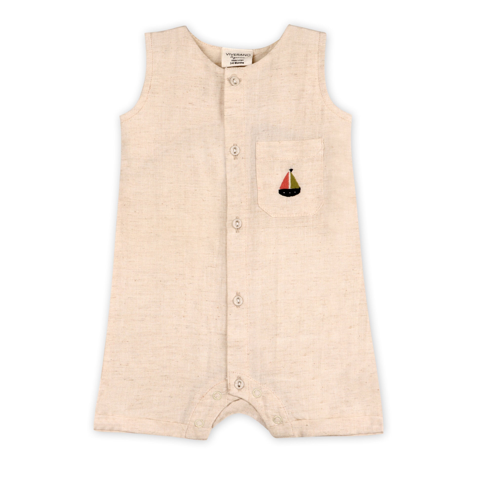 Parker Embroidered Sailboat Pocket Baby Romper (Natural Linen Blend)