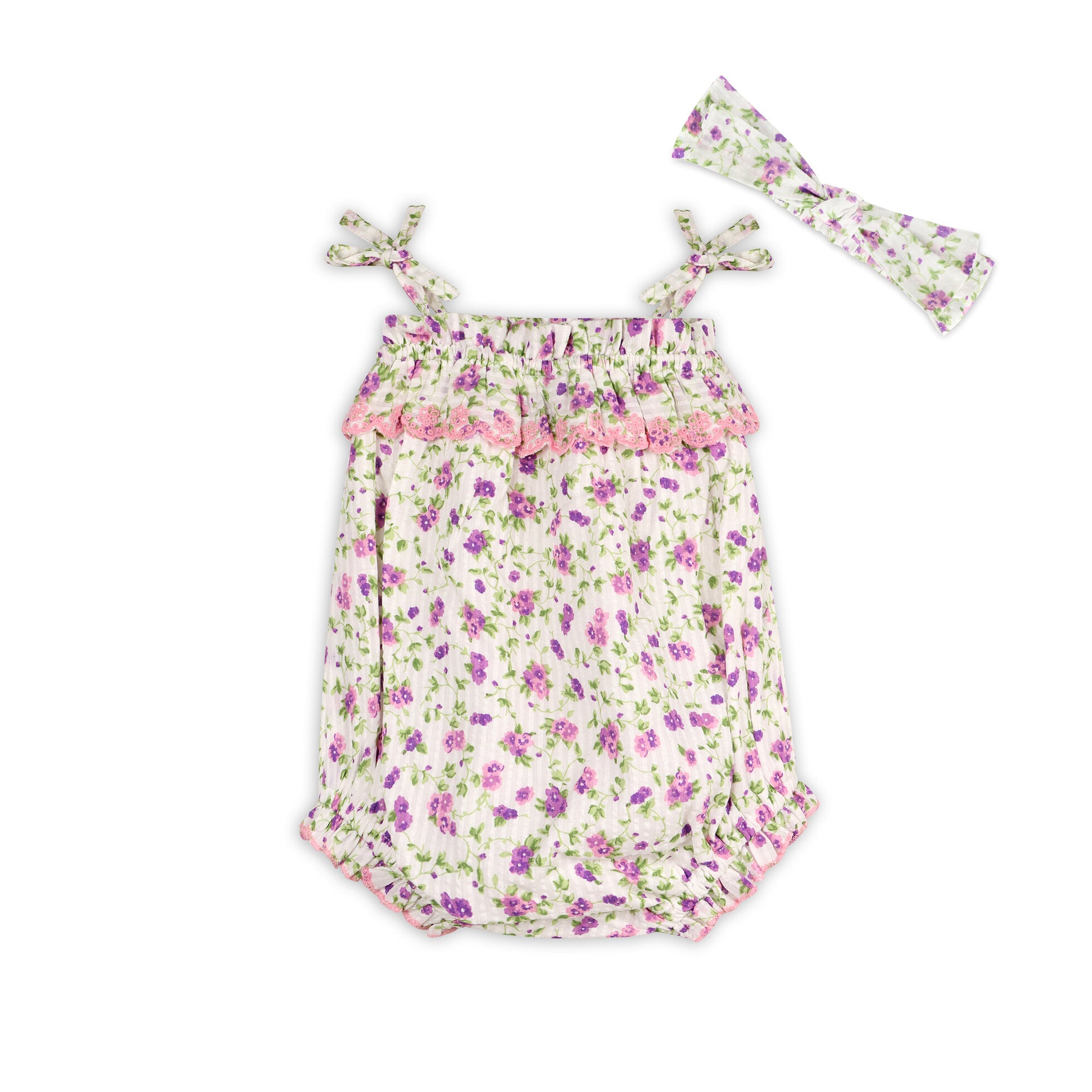 Camila Embroidered Seersucker Romper + Headband (Organic Cotton)