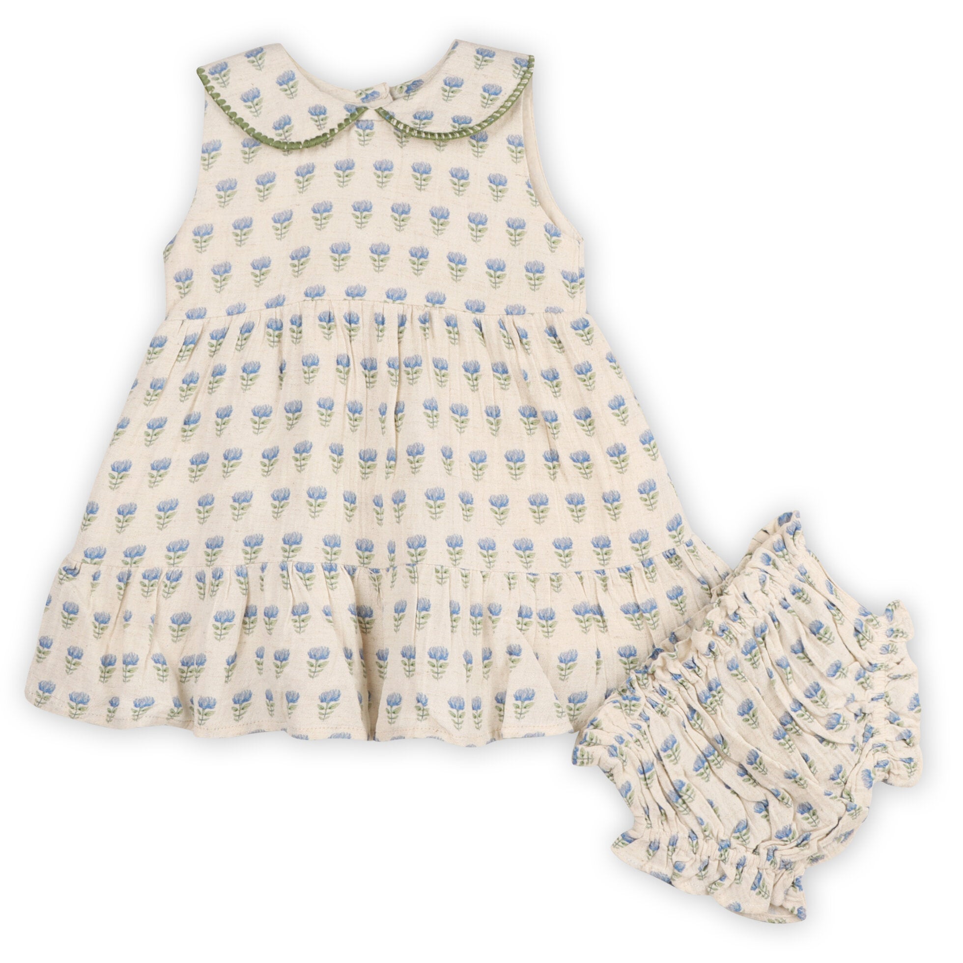 Harper Peter Pan Collar Floral Baby Flare Dress + Bloomer (Linen Blend)