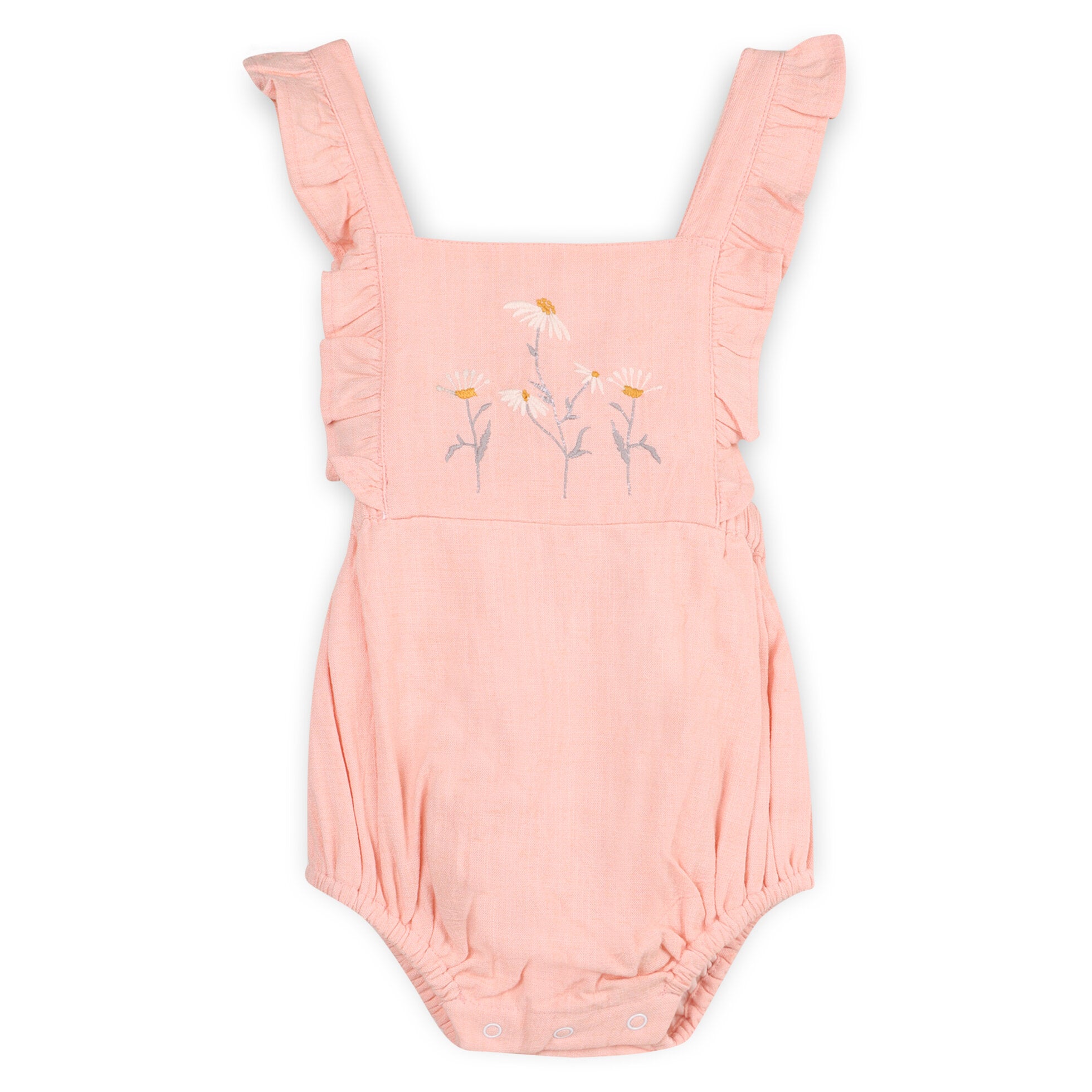 Daisy Linen Blend Embroidered Baby Romper (Natural Linen Blend)