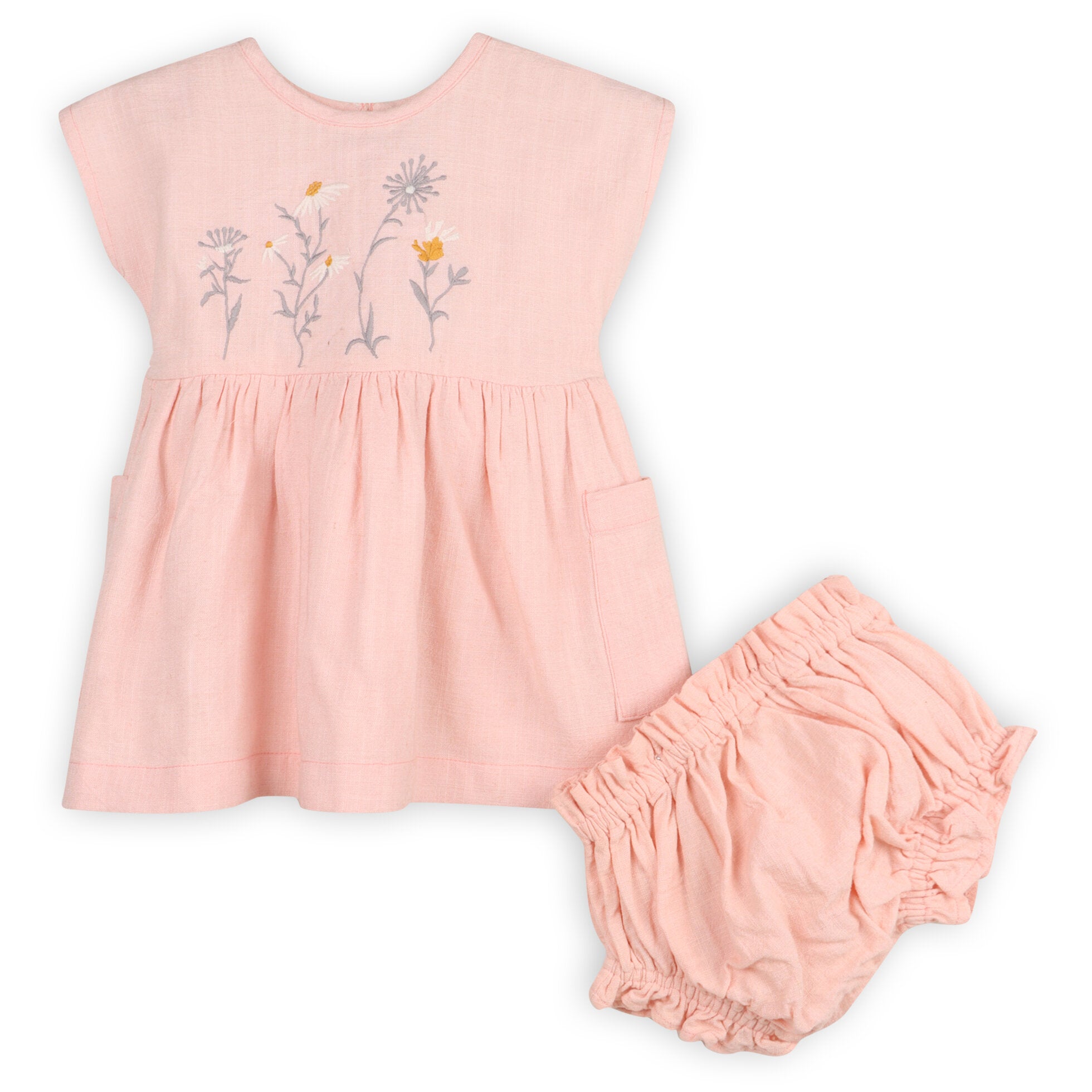 Alicia Embroidered Daisy Baby Dress + Bloomer (Natural Linen Blend)