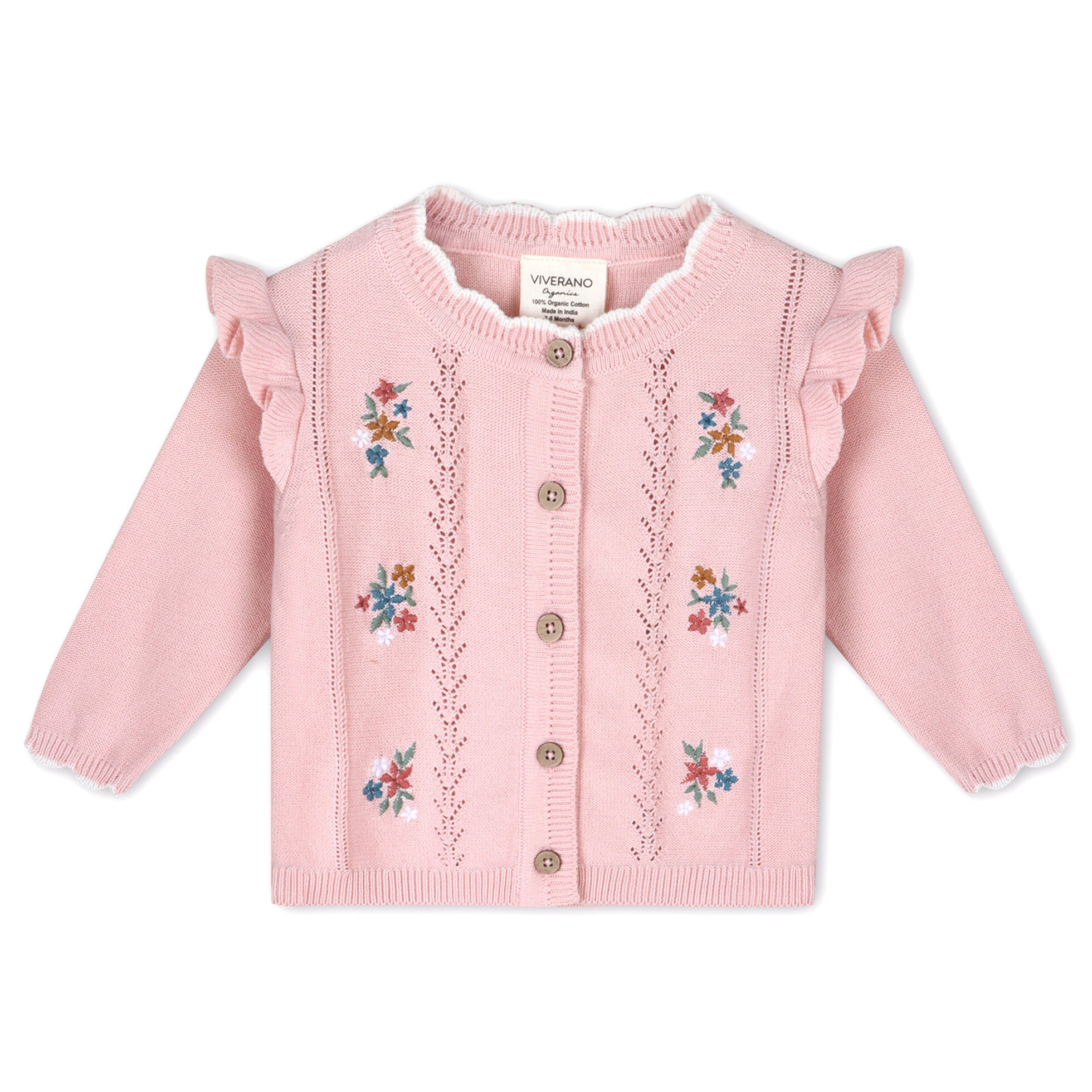 Floral Bouquet Embroidered Pointelle Knit Baby Cardigan (Organic Cotton)