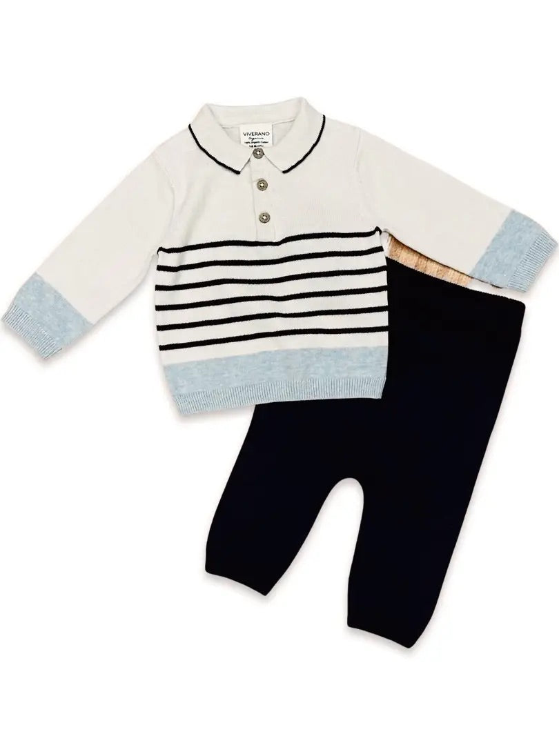 Collar & Stripe Knit Baby Pullover & Pants 2pc SET (Organic Cotton)