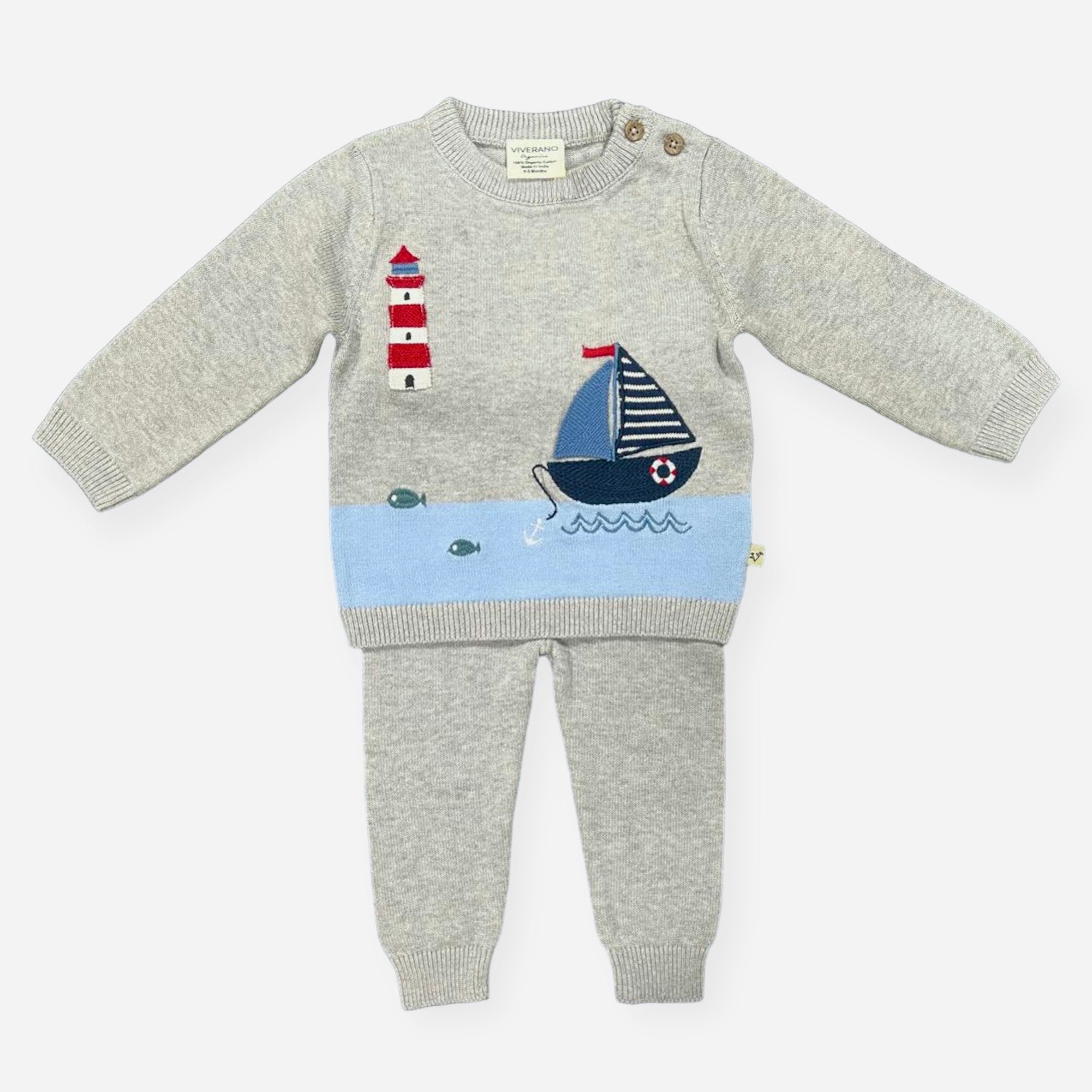 Lighthouse & Boat Embroidered Baby Knit Pullover and Pants SET (Organic Cotton)