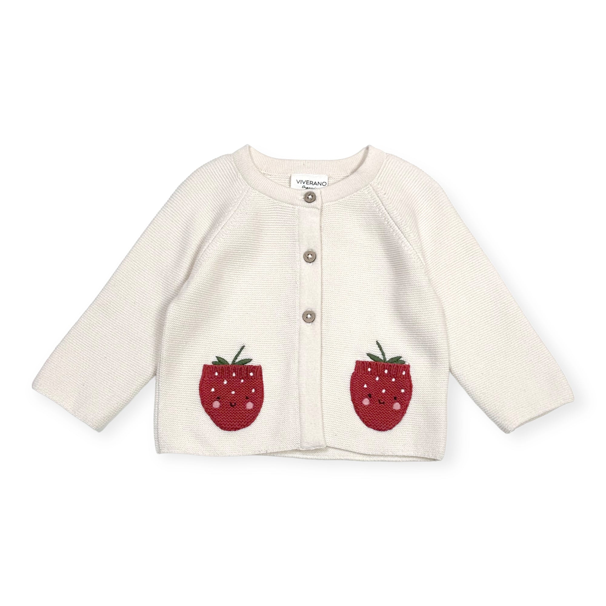 Strawberry Embroidered Pocket Baby Cardigan (Organic Cotton)Strawberry Embroidered Pocket Baby Cardigan (Organic Cotton)