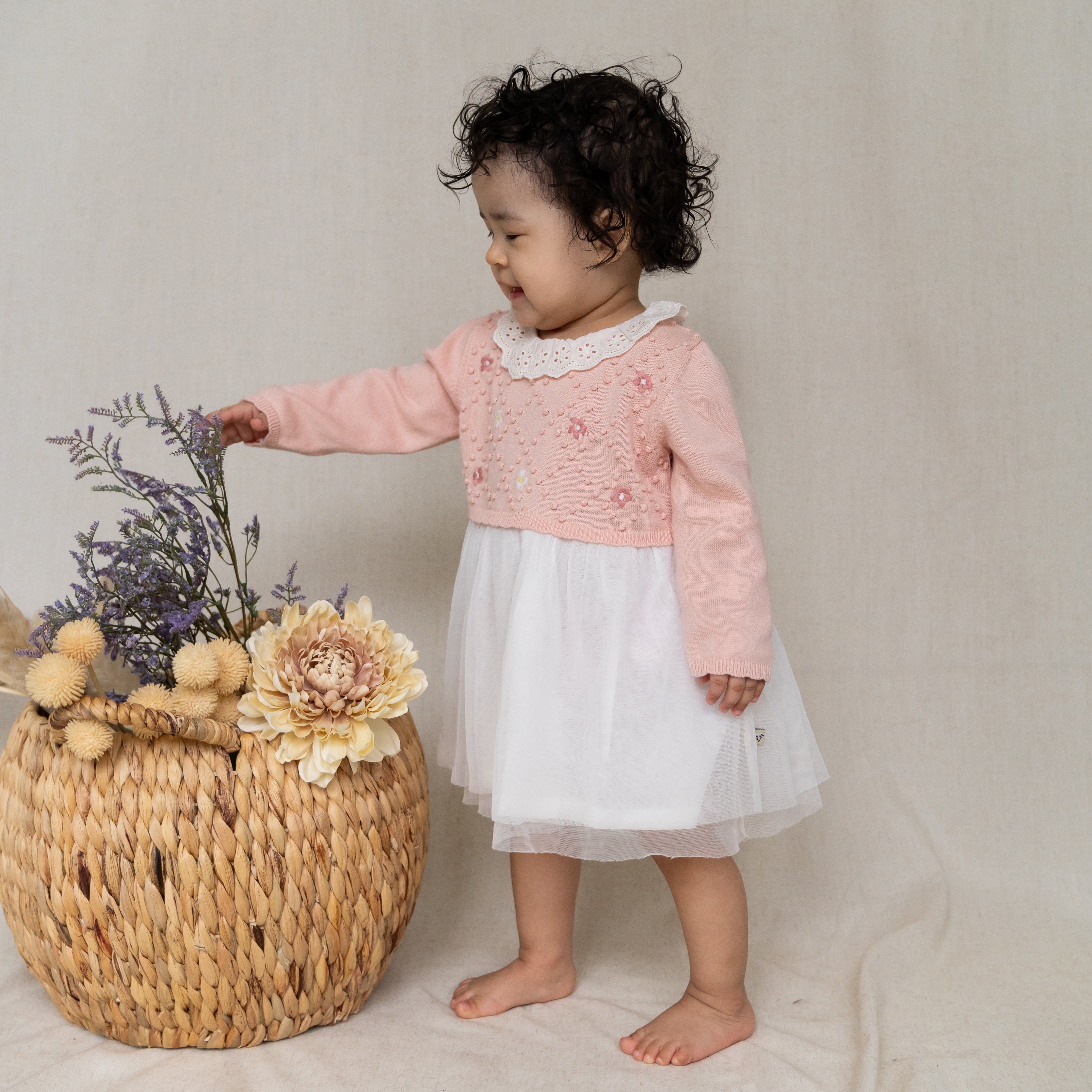 Vestido de bebé con tutú de punto y bordado floral (algodón orgánico), 2 colores