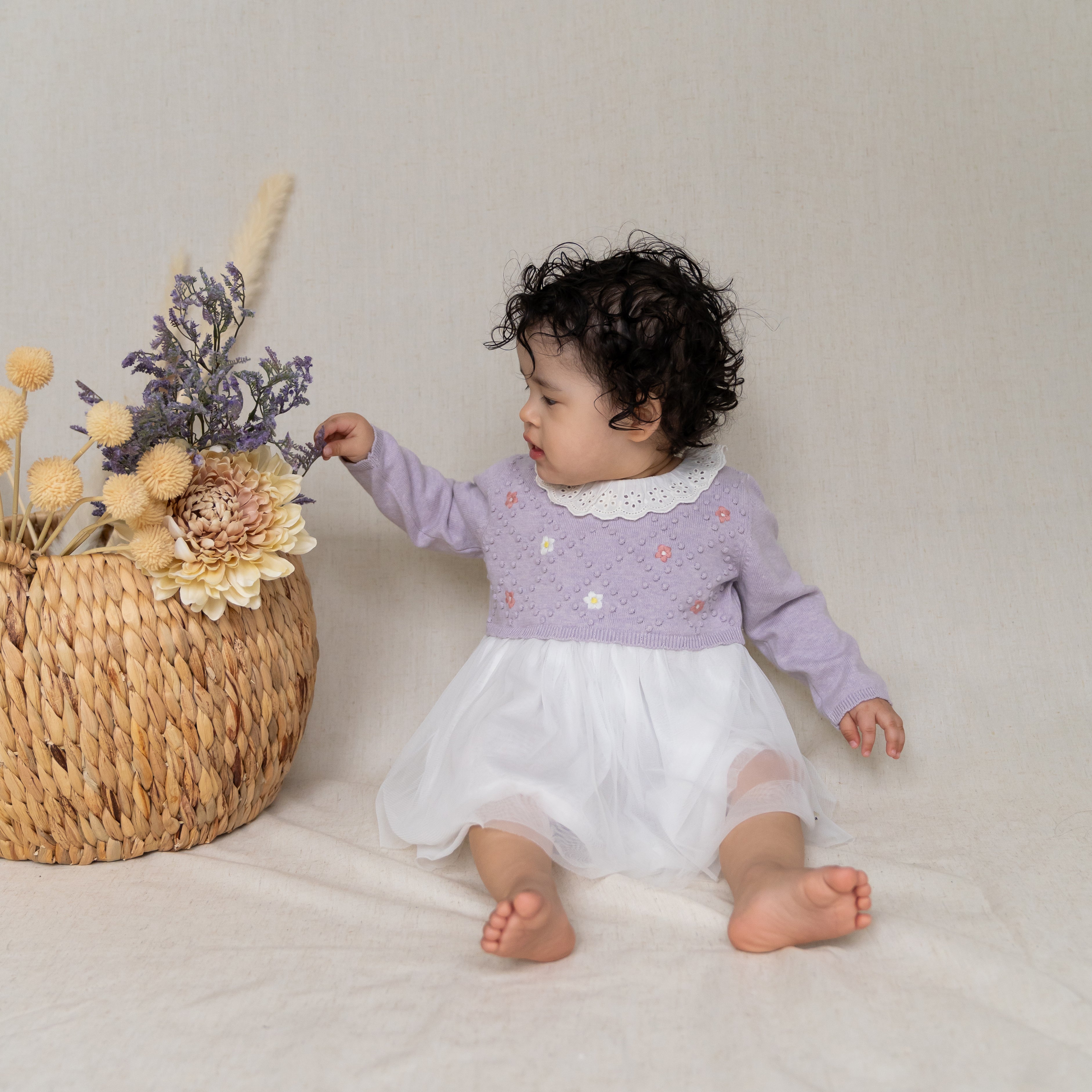 Vestido de bebé con tutú de punto y bordado floral (algodón orgánico), 2 colores