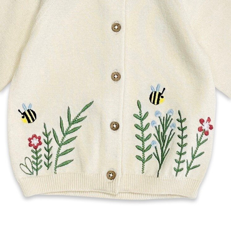 Floral & Bee Embroidered Baby Sweater Knit Cardigan (Organic Cotton)