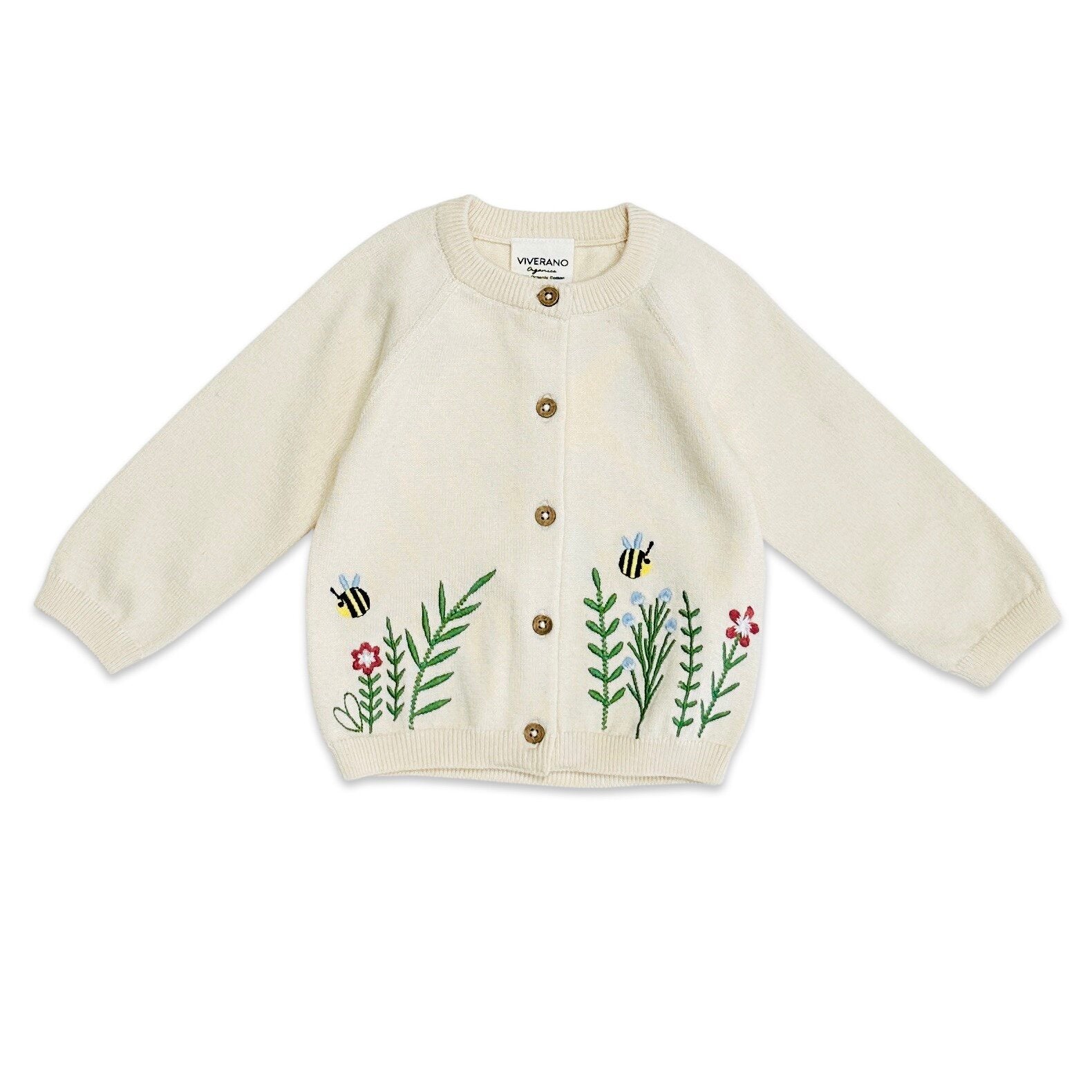 Floral & Bee Embroidered Baby Sweater Knit Cardigan (Organic Cotton)