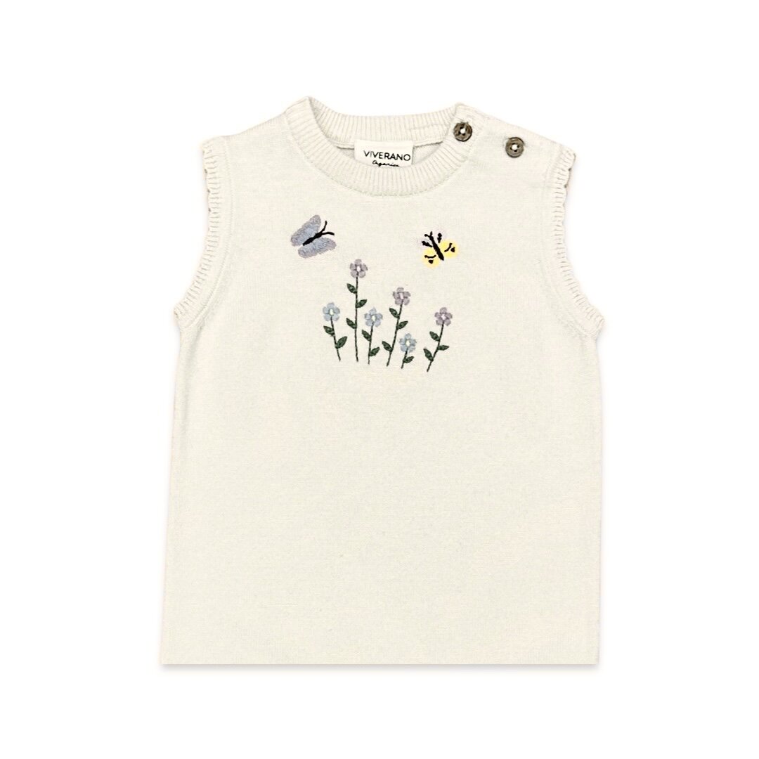 Floral Embroidered Sleeveless Knit Baby Romper (Organic Cotton) - 2 Colors