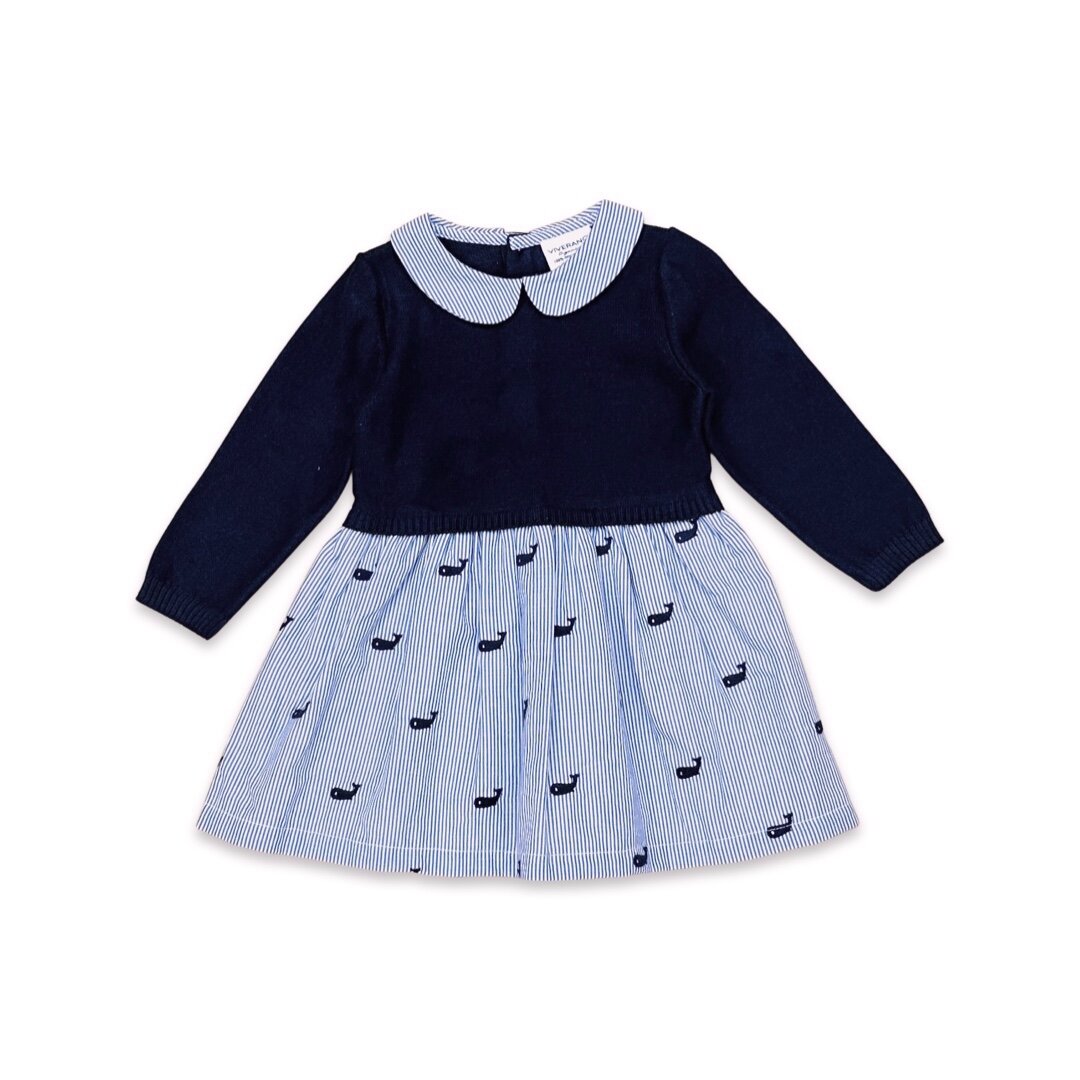 Whale Embroidered Pinstripe Baby Sweater Knit Dress (Organic)