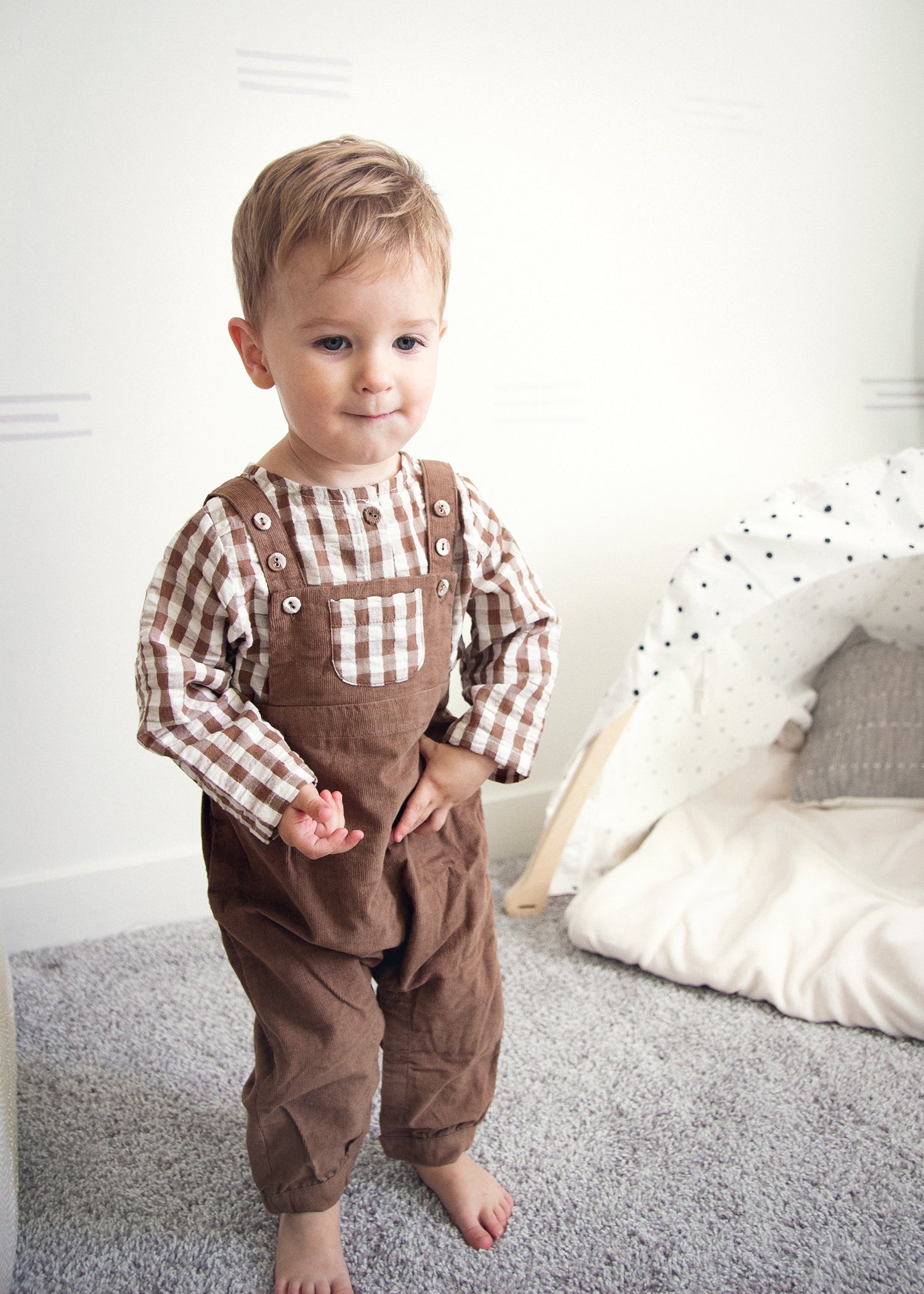 Gingham Muslin Shirt + Corduroy Baby Overall SET (Organic)