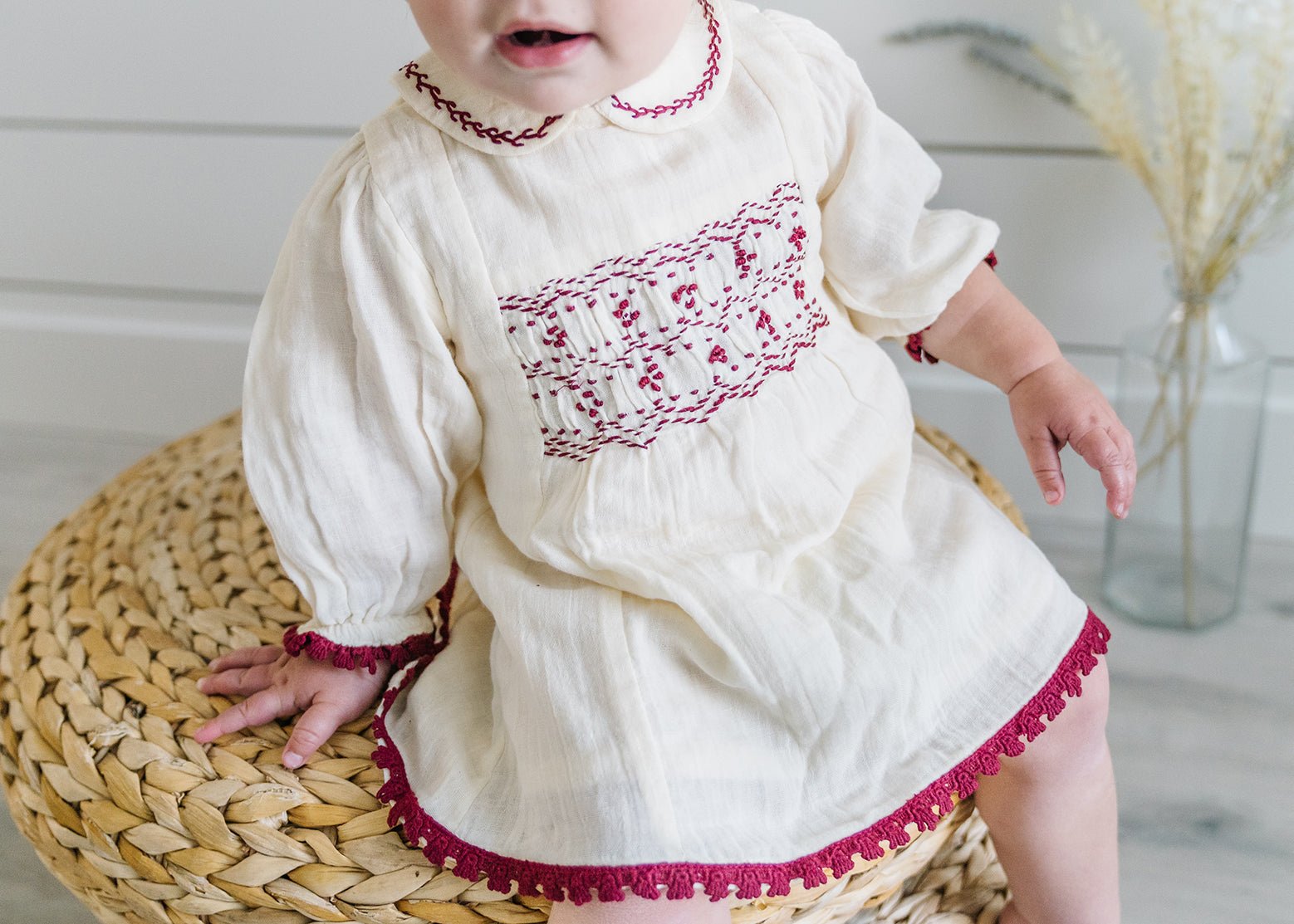 Hand Smocked Crinkle Muslin Baby Dress (Organic)