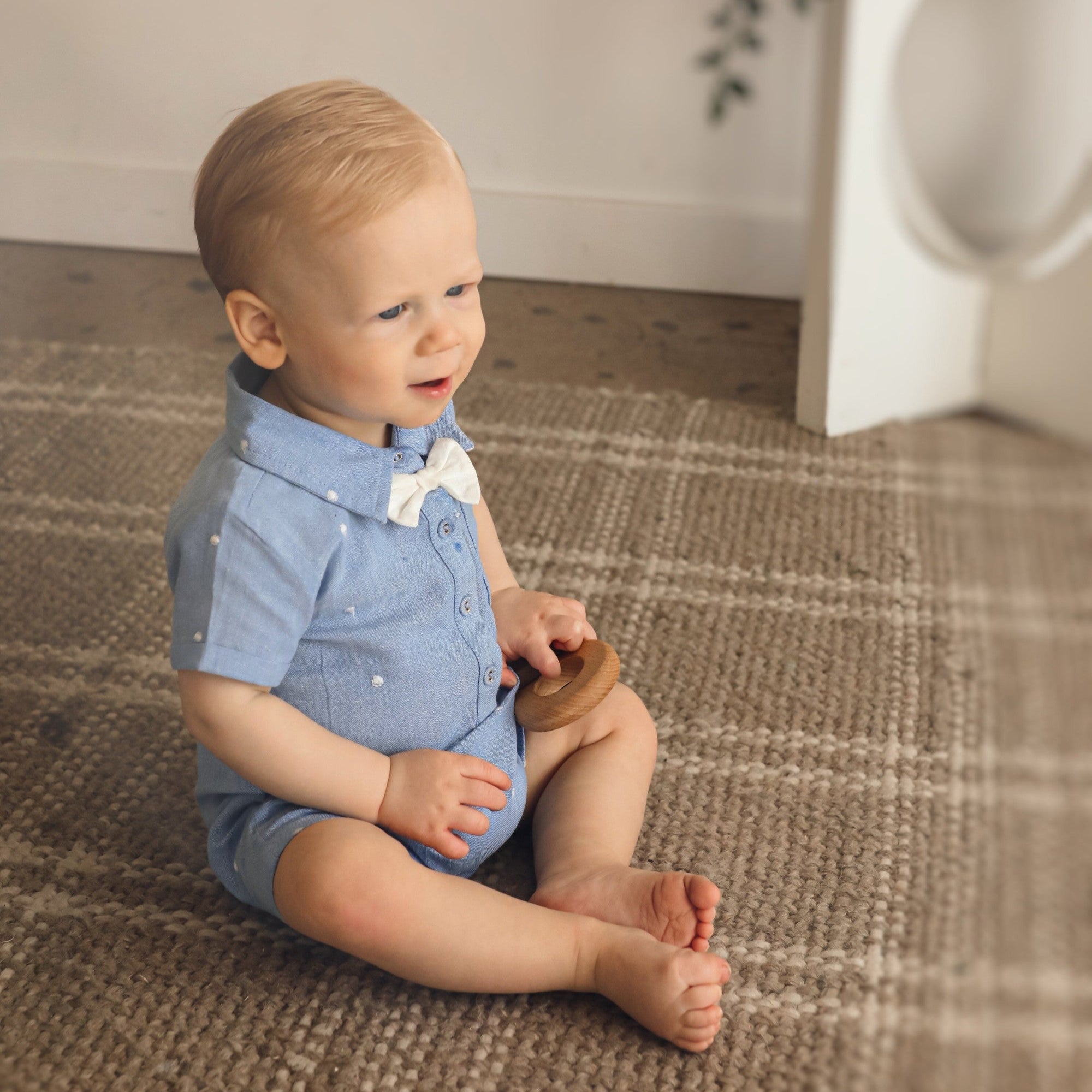  Isla Bowtie Chambray Baby Romper (Organic Cotton)