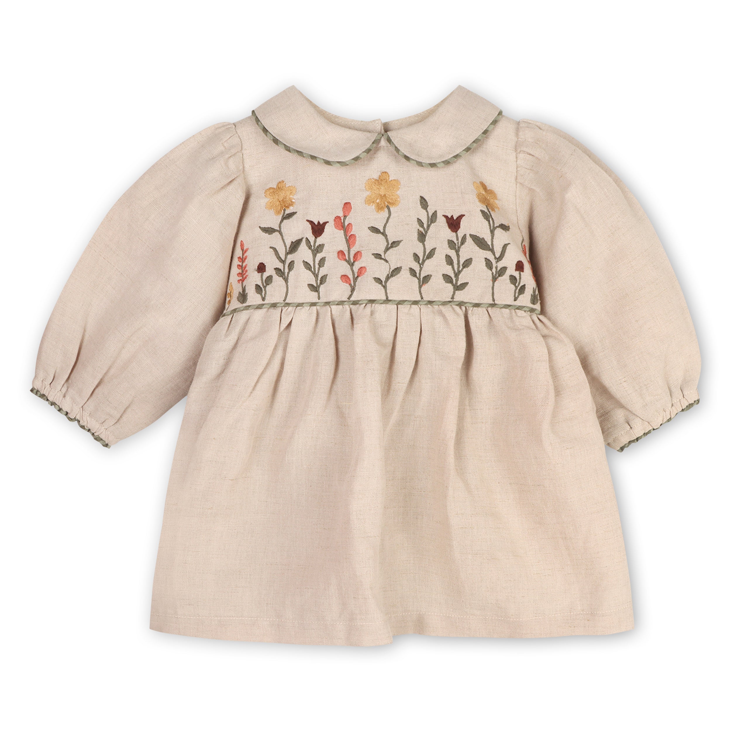 Floral Embroidered Peter Pan Baby Dress & Fancy Bloomer Set (Linen Blend)