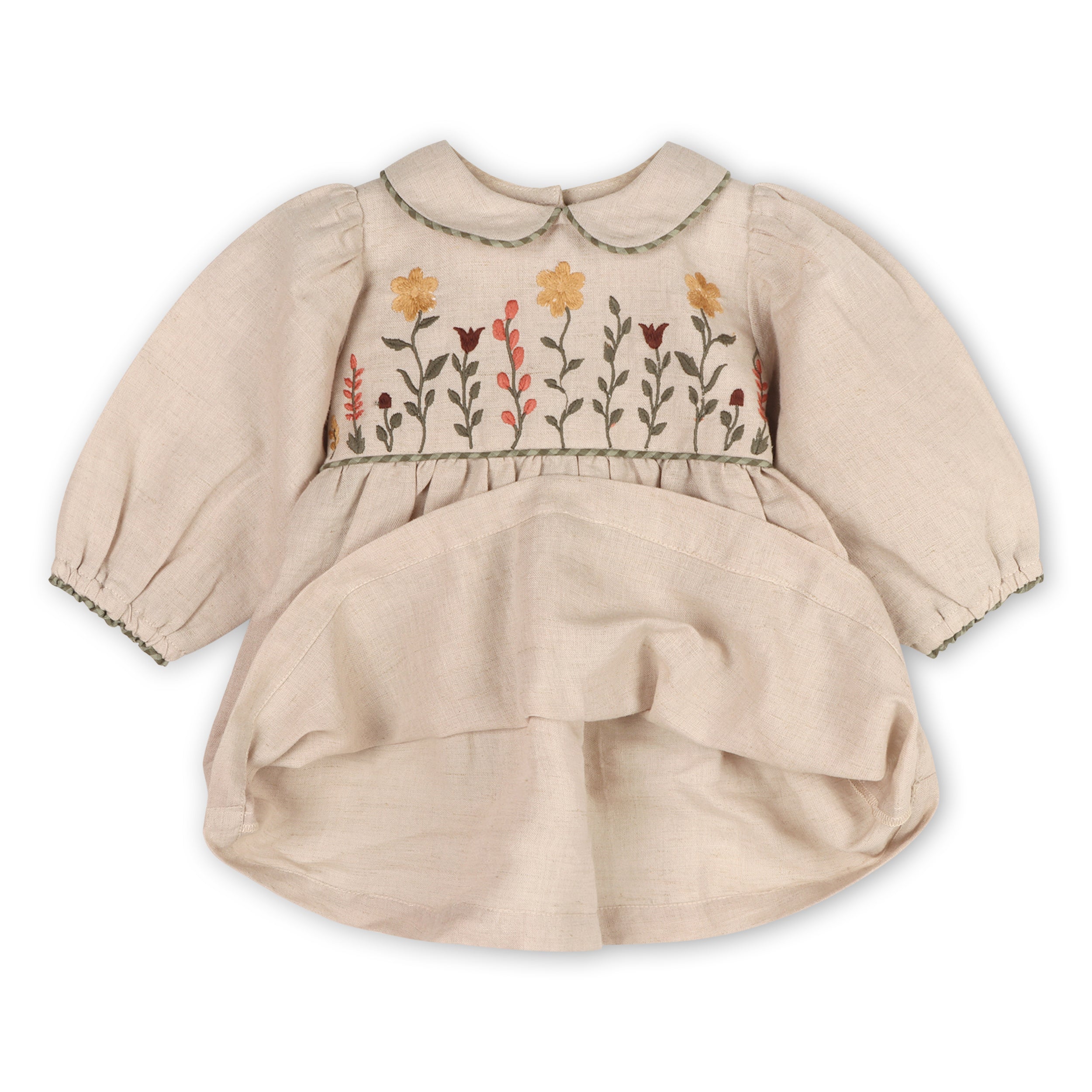 Floral Embroidered Peter Pan Baby Dress & Fancy Bloomer Set (Linen Blend)