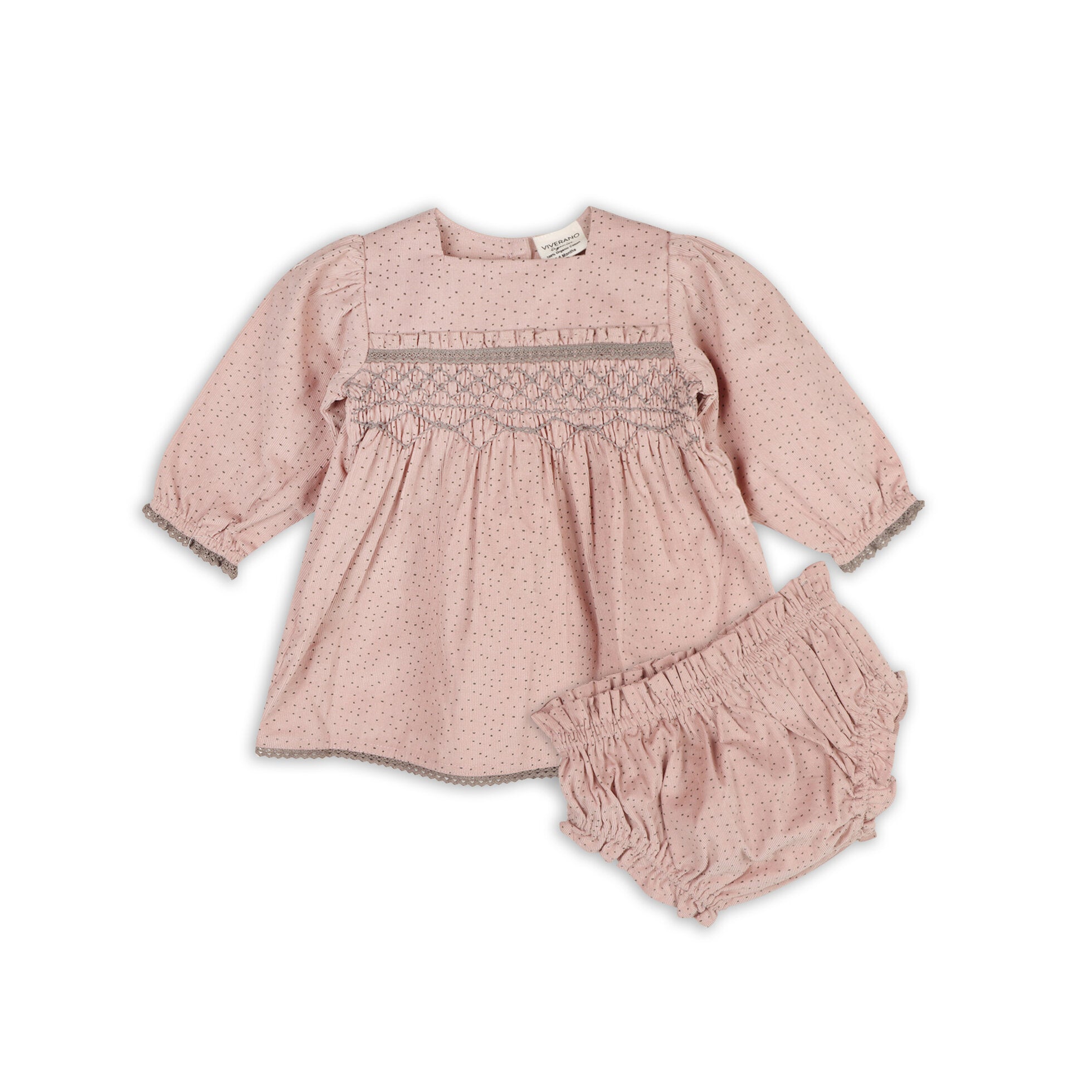 Smocked & Embroidered Corduroy Baby Dress & Fancy Bloomer Set (Organic)