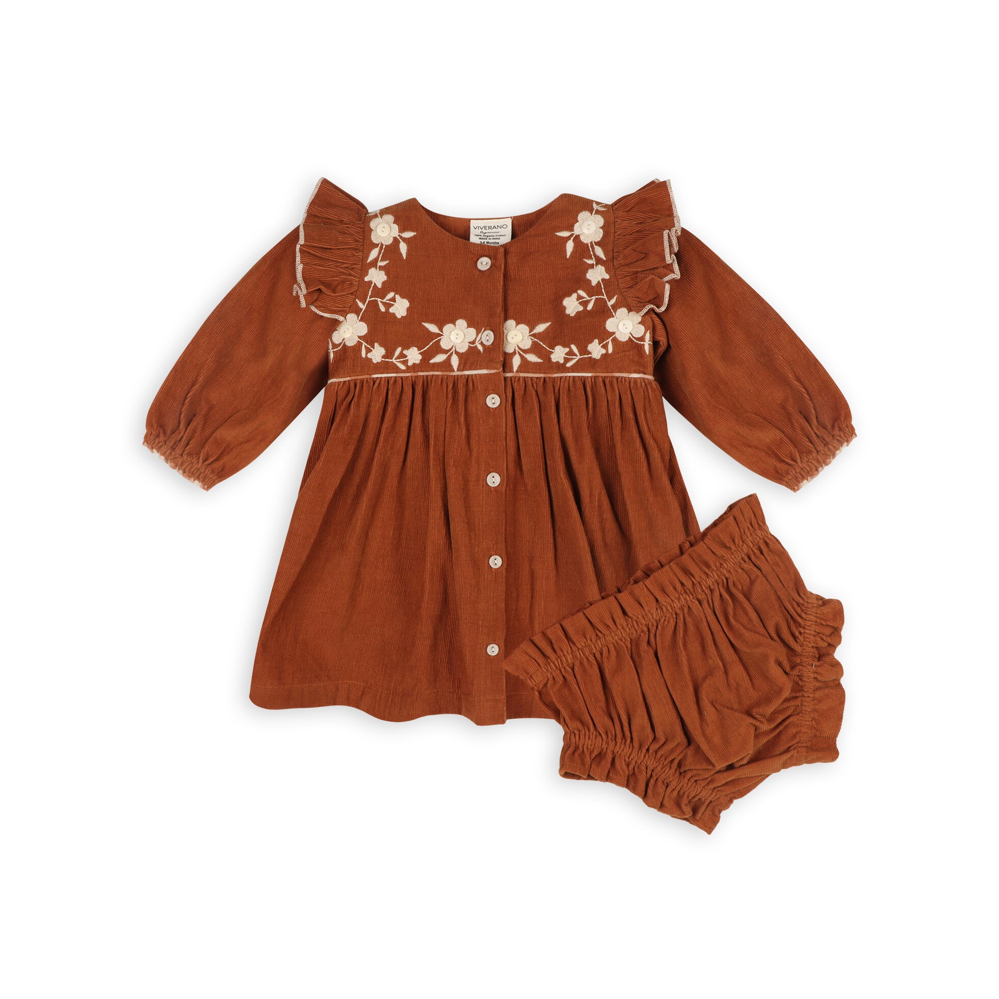 Floral Embroidered Corduroy Baby Dress & Fancy Bloomer Set (Organic)