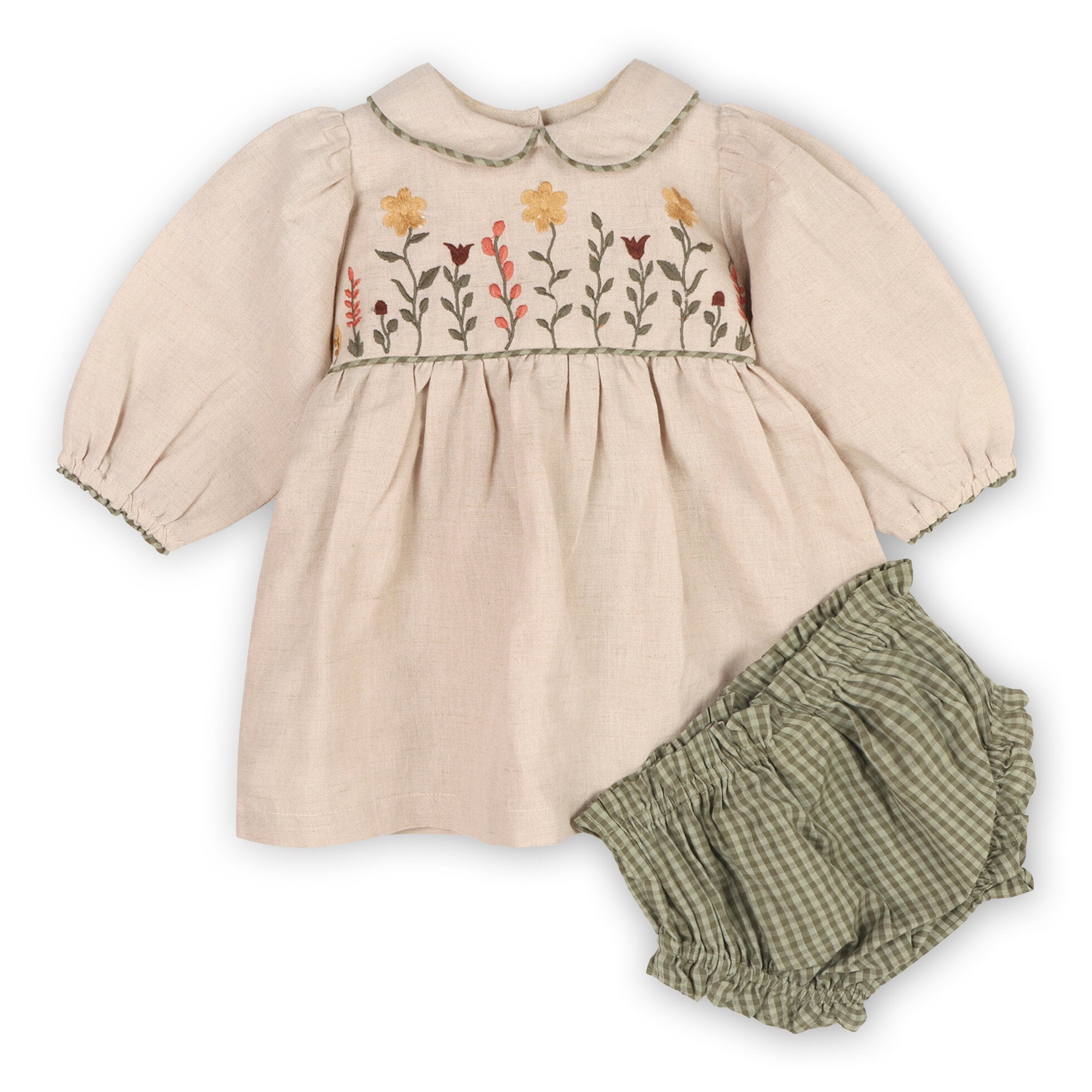 Floral Embroidered Peter Pan Baby Dress & Fancy Bloomer Set (Linen Blend)