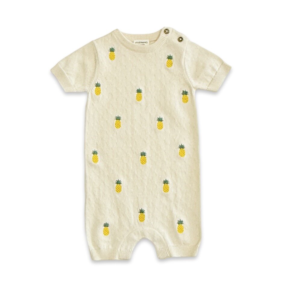 Pineapple Embroidered Pointelle Knit Short Sleeve Baby Romper (Organic Cotton)