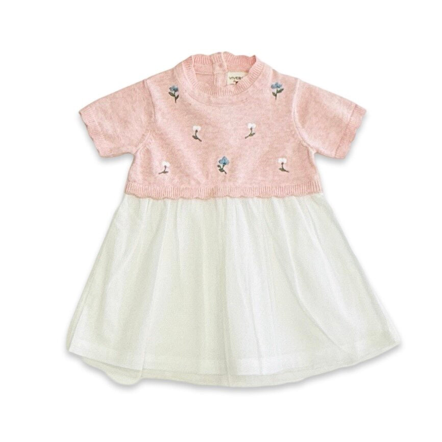 Floral Embroidered Short Sleeve Tutu Baby Knit Dress (Organic Cotton)