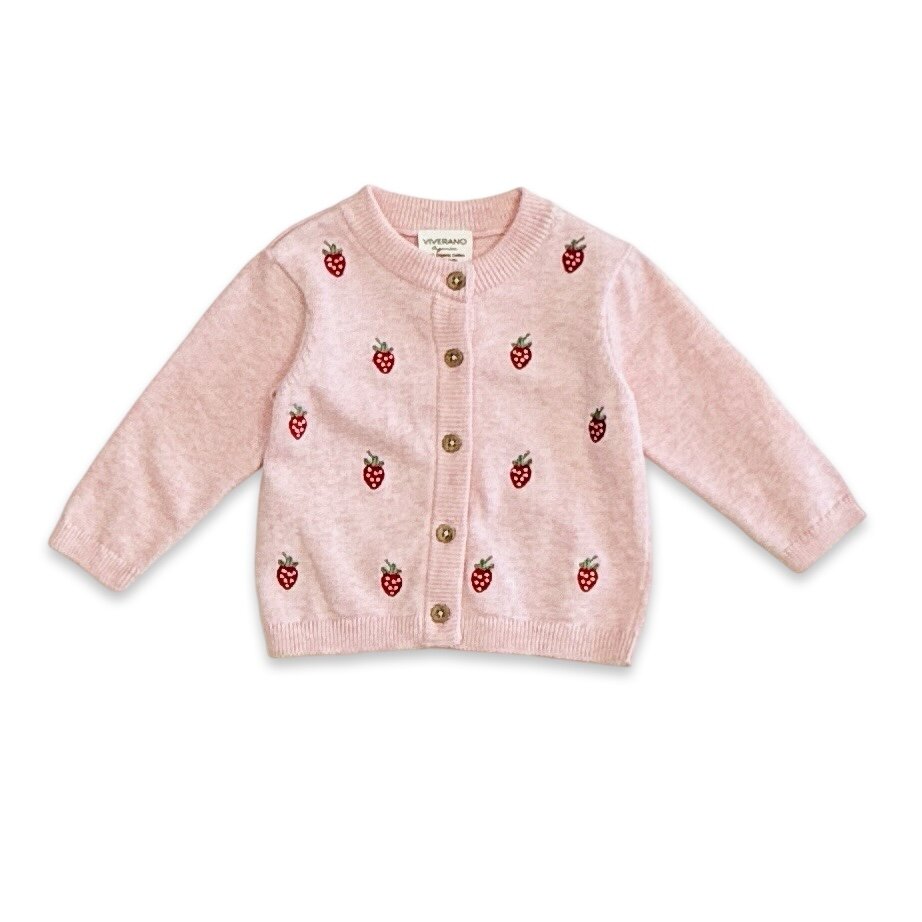 Strawberry Embroidered Knit Baby Cardigan (Organic Cotton)