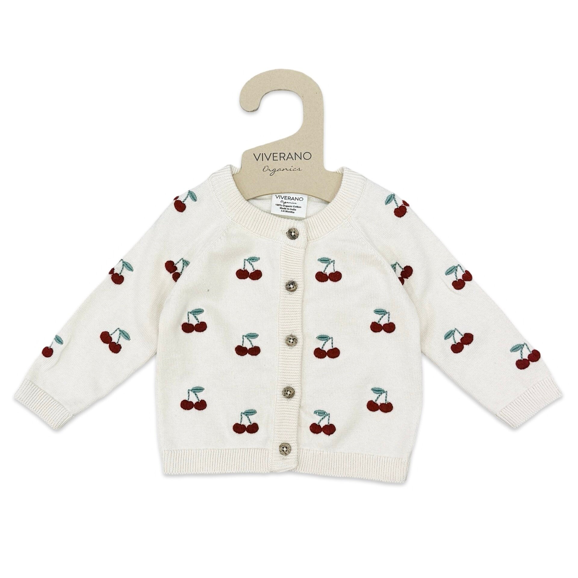 Cherry Embroidered Sweater Knit Baby Cardigan (Organic Cotton)