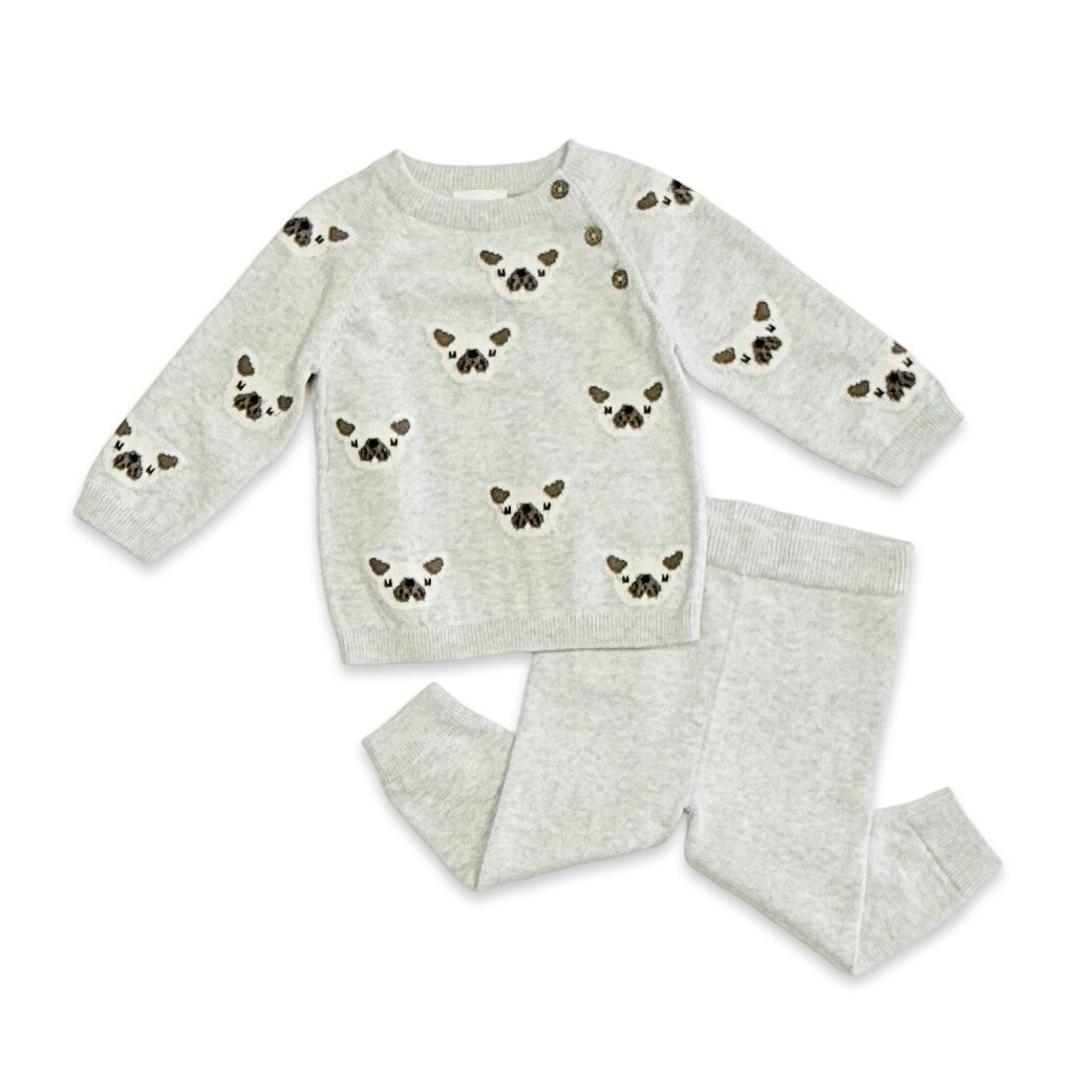 Frenchie Puppy Jacquard Knit Baby Raglan Pullover Sweater + Pant SET (Organic Cotton)