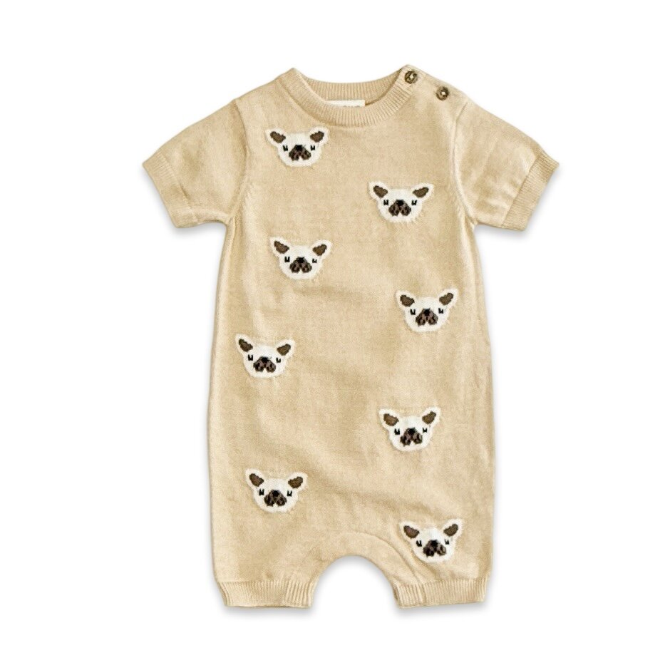 Frenchie Dog Jacquard Knit Baby Romper (Organic Cotton)