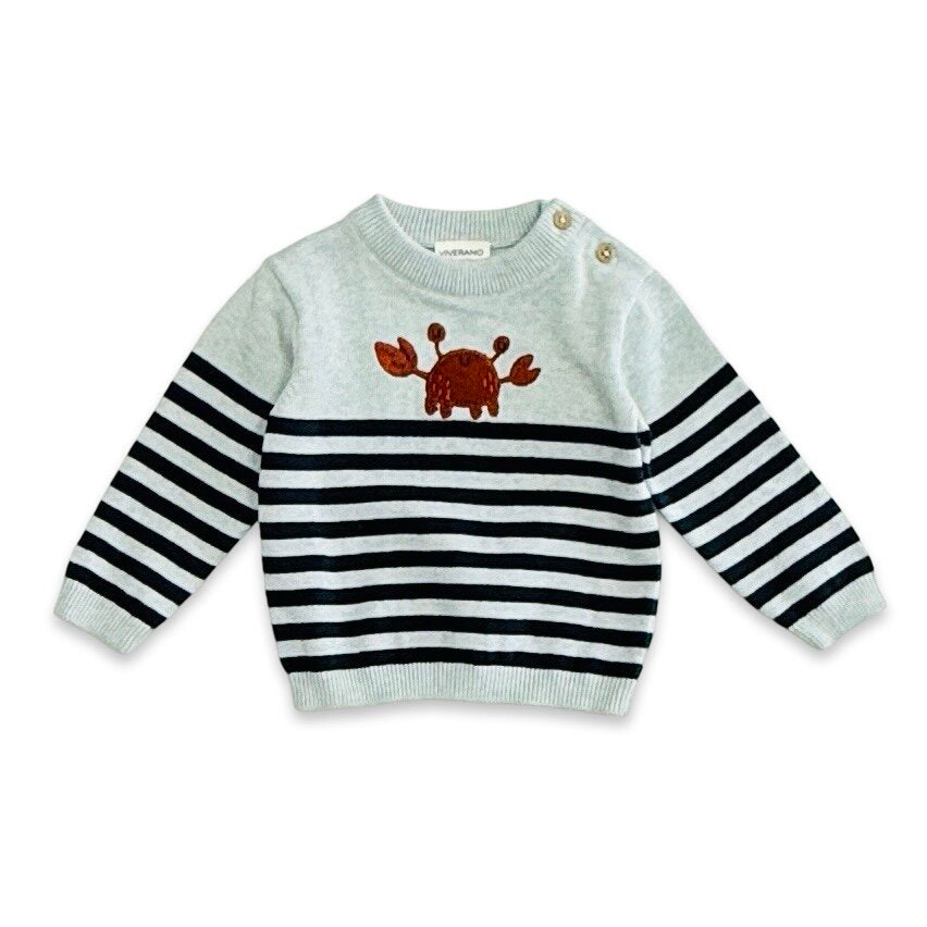 Crab Embroidered & Stripe Knit Baby Pullover (Organic Cotton)