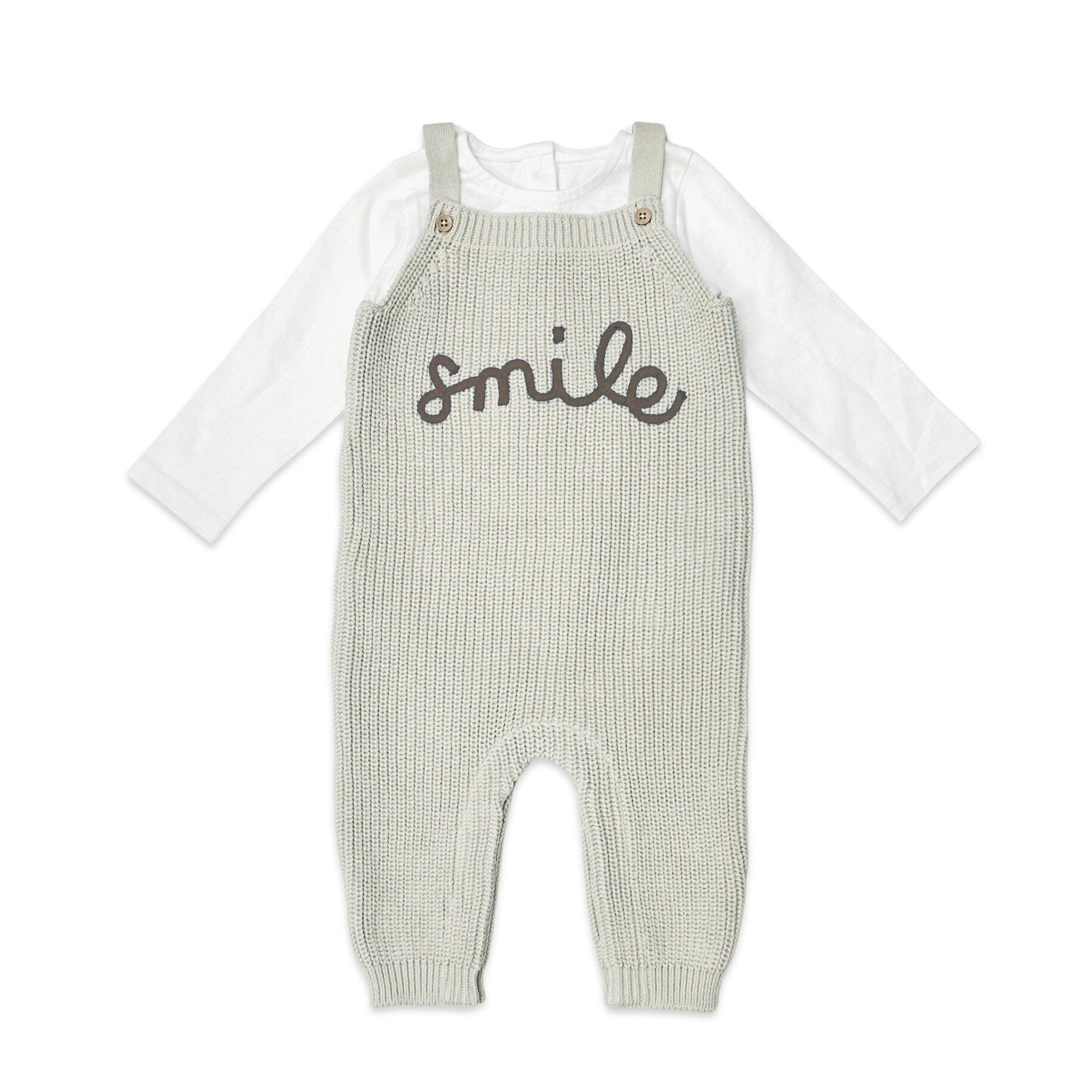 Smile Embroidered Chunky Sweater Knit Baby Overall & Bodysuit Set (Organic Cotton)