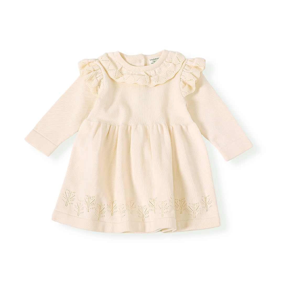 Milan Ruffle Collar Pointelle Knit Baby Sweater Dress (Organic Cotton)Milan Ruffle Collar Pointelle Knit Baby Sweater Dress (Organic Cotton)