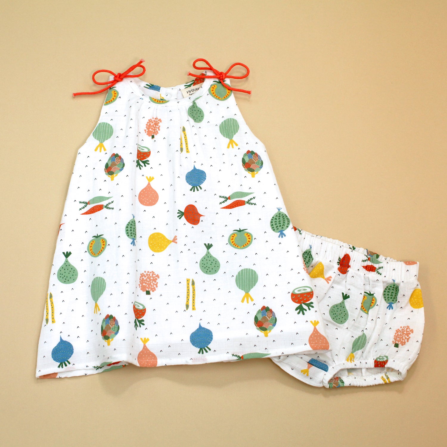 Organic Muslin Shoulder Tie Dress for Baby Girl - Veggie Salad - Viverano