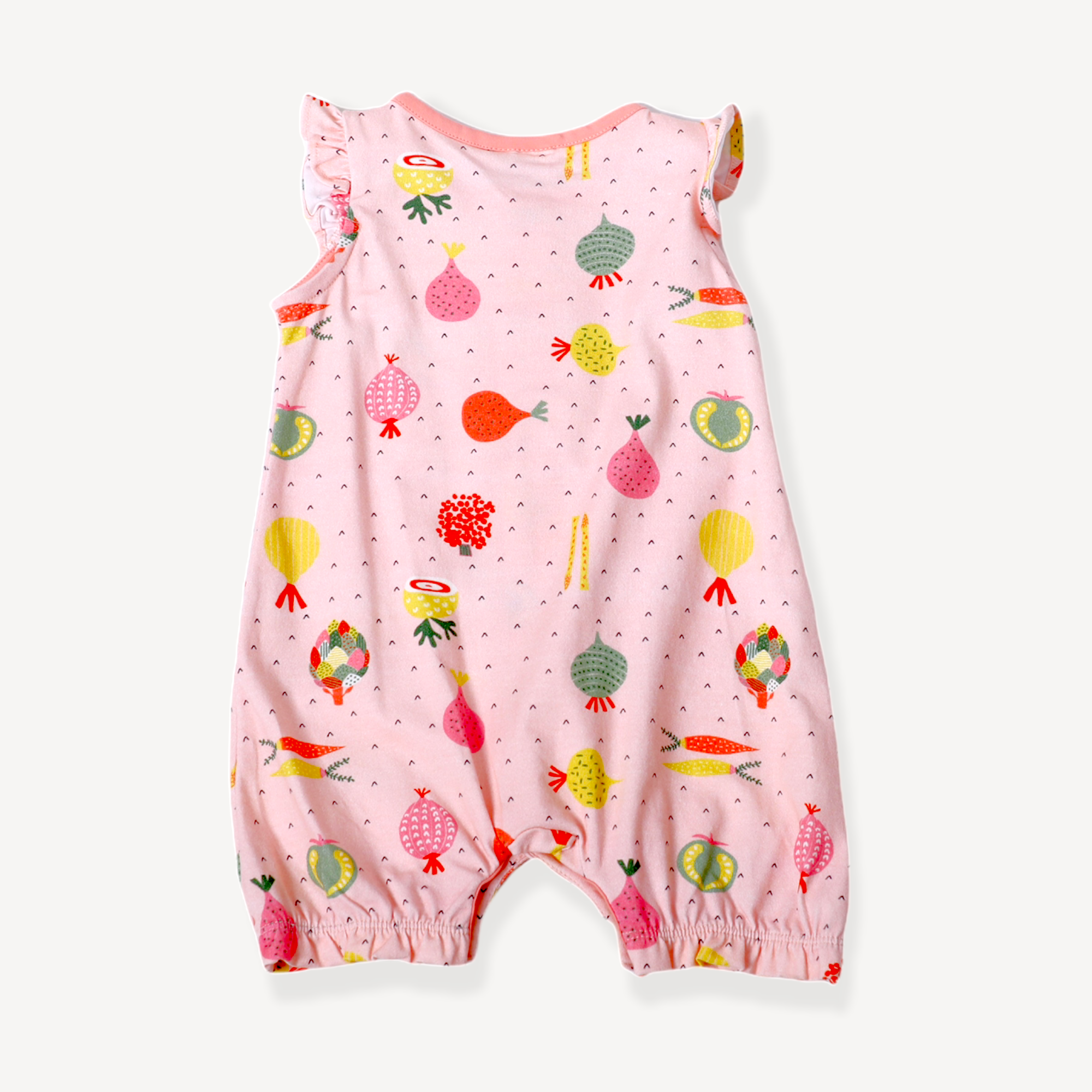 Organic Cotton Ruffle Front Short Romper - Veggie Salad by Viverano